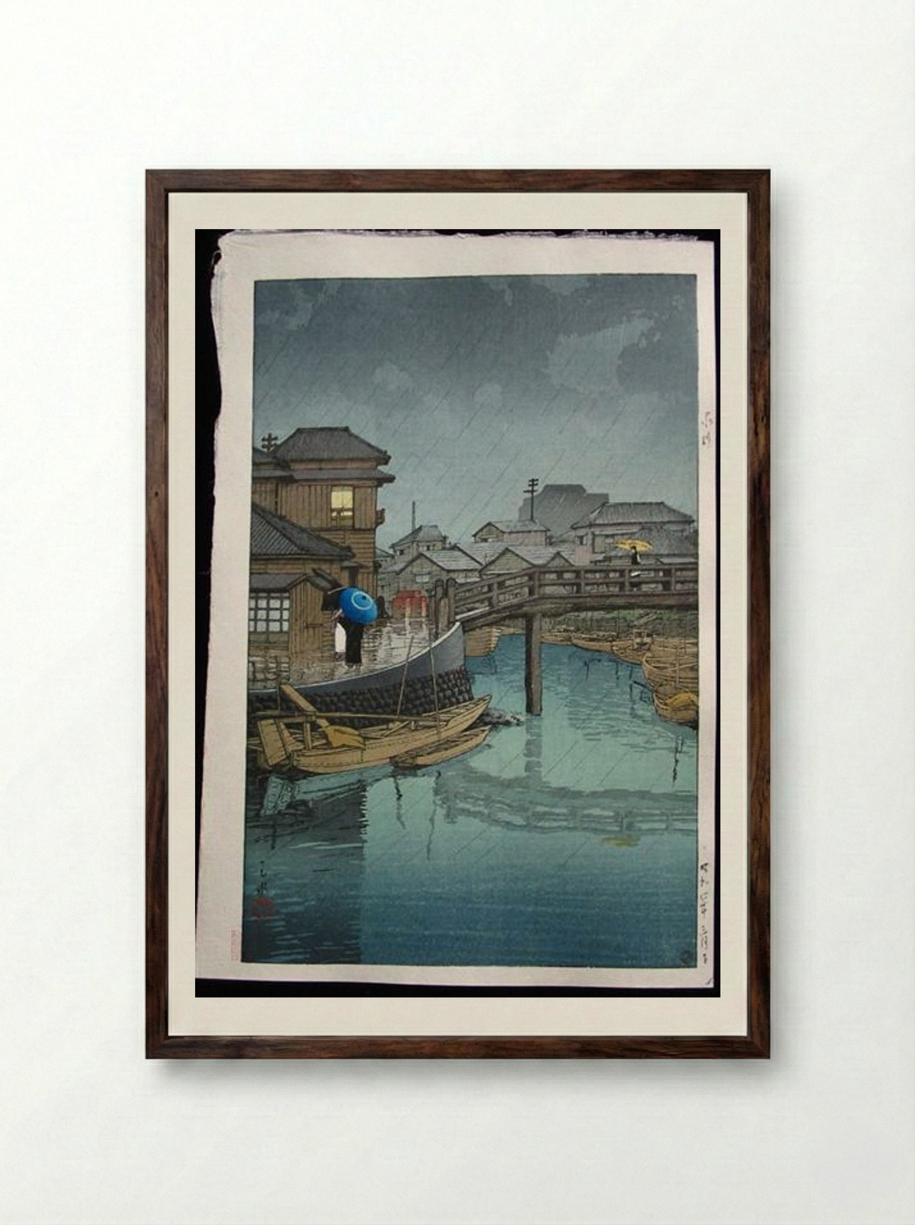 Rainy Season at Ryoshimachi - Hasui Kawase - Framed Print Dark Wood
