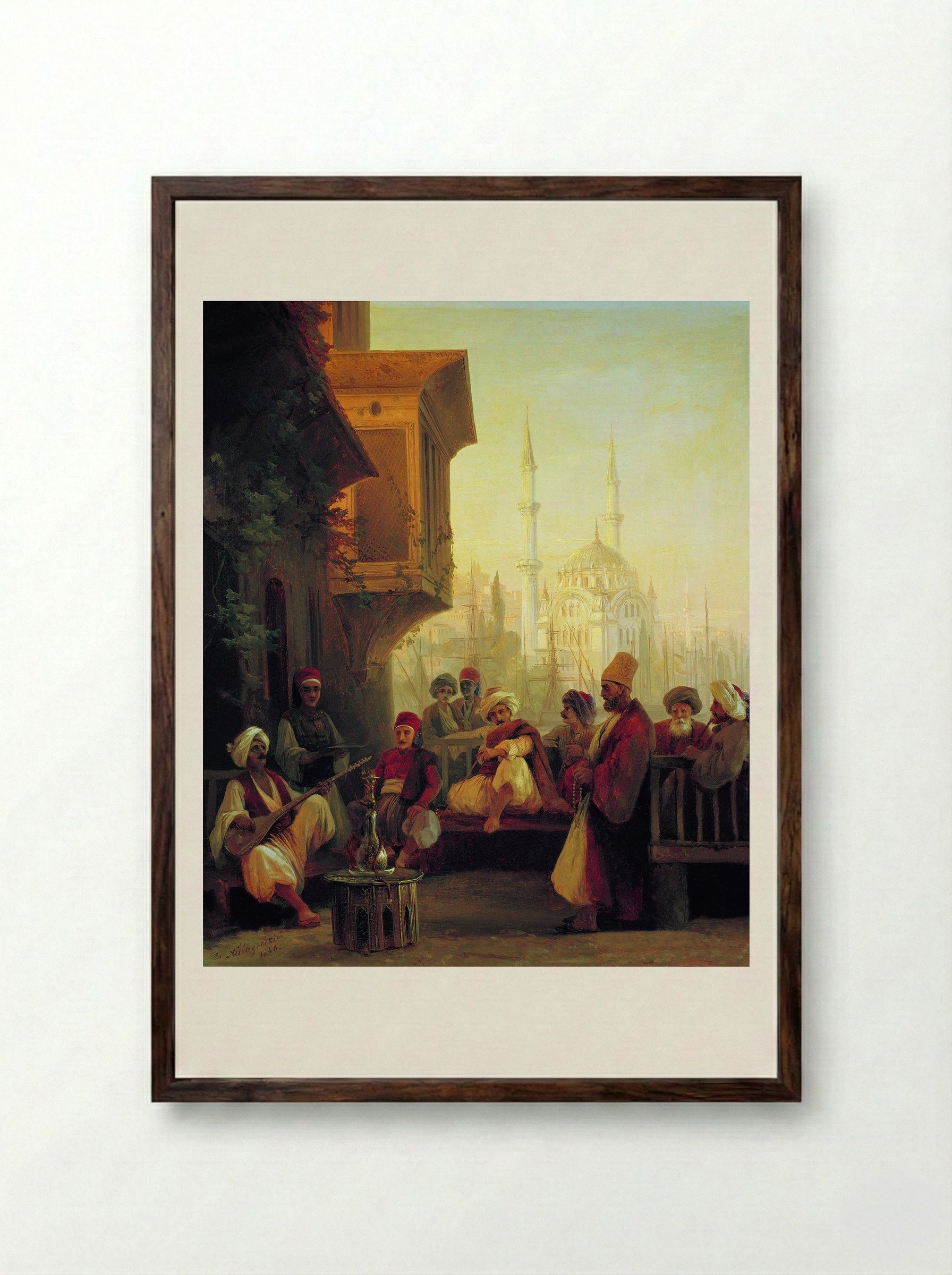 Coffee house by the Ortaköy Mosque in Constantinople - Ivan Aivazovsky - Framed Print Dark Wood