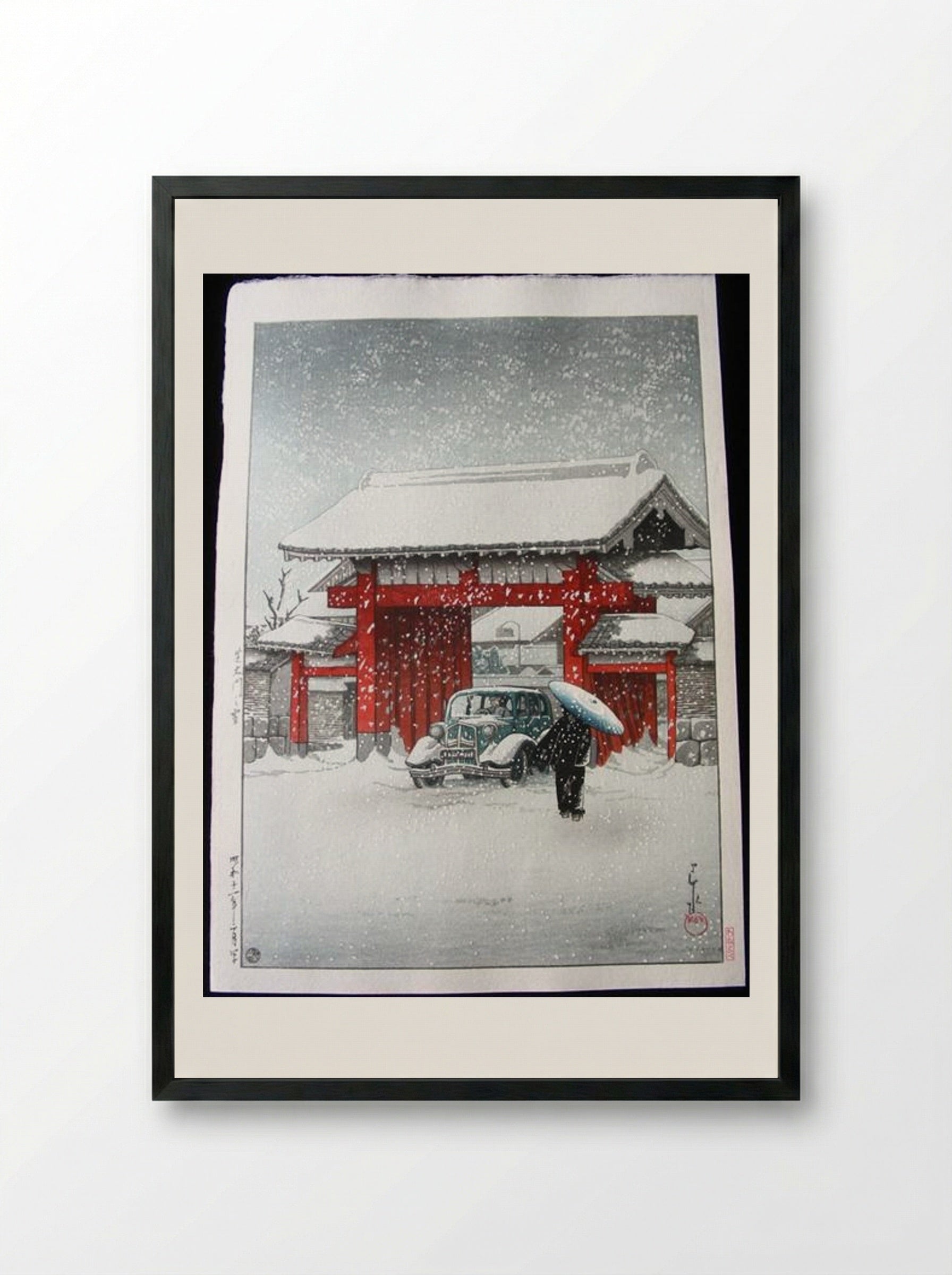 Snow at Shiba Daimon - Hasui Kawase - Framed Print Black