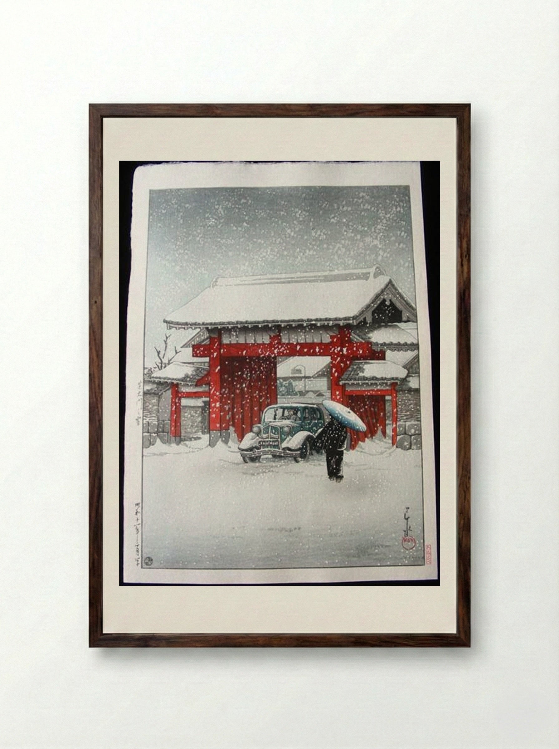 Snow at Shiba Daimon - Hasui Kawase - Framed Print Dark Wood