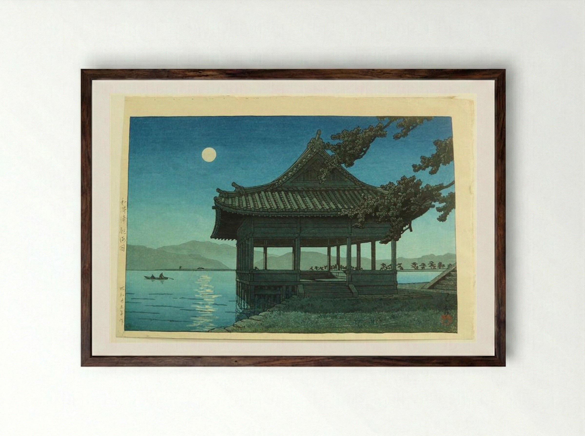 Kankai Pavillion at Wakaura Beach - Hasui Kawase - Framed Print Dark Wood