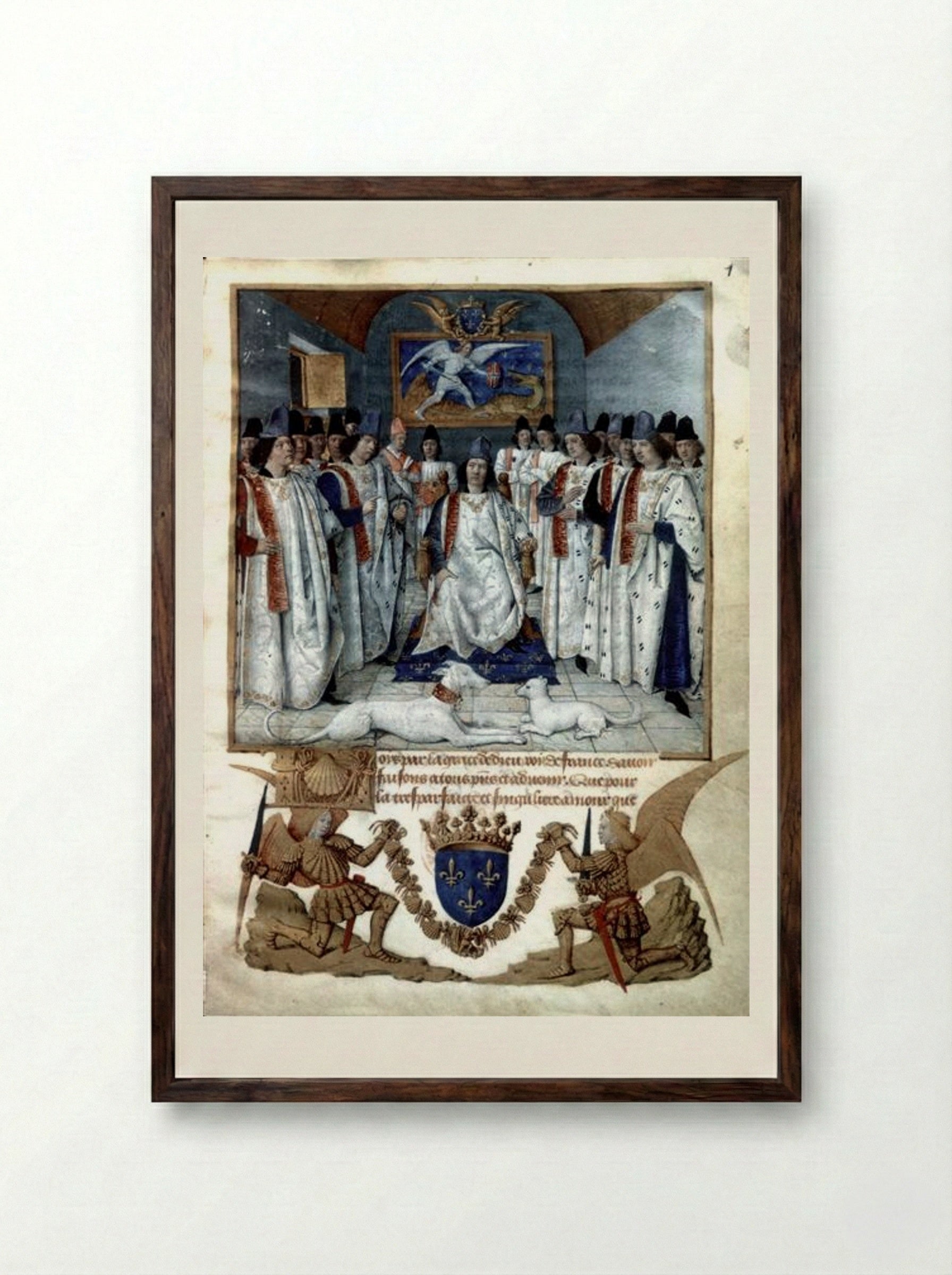 Louis XI presiding over the Chapter of the Order of Saint Michael - Jean Fouquet - Framed Print Dark Wood