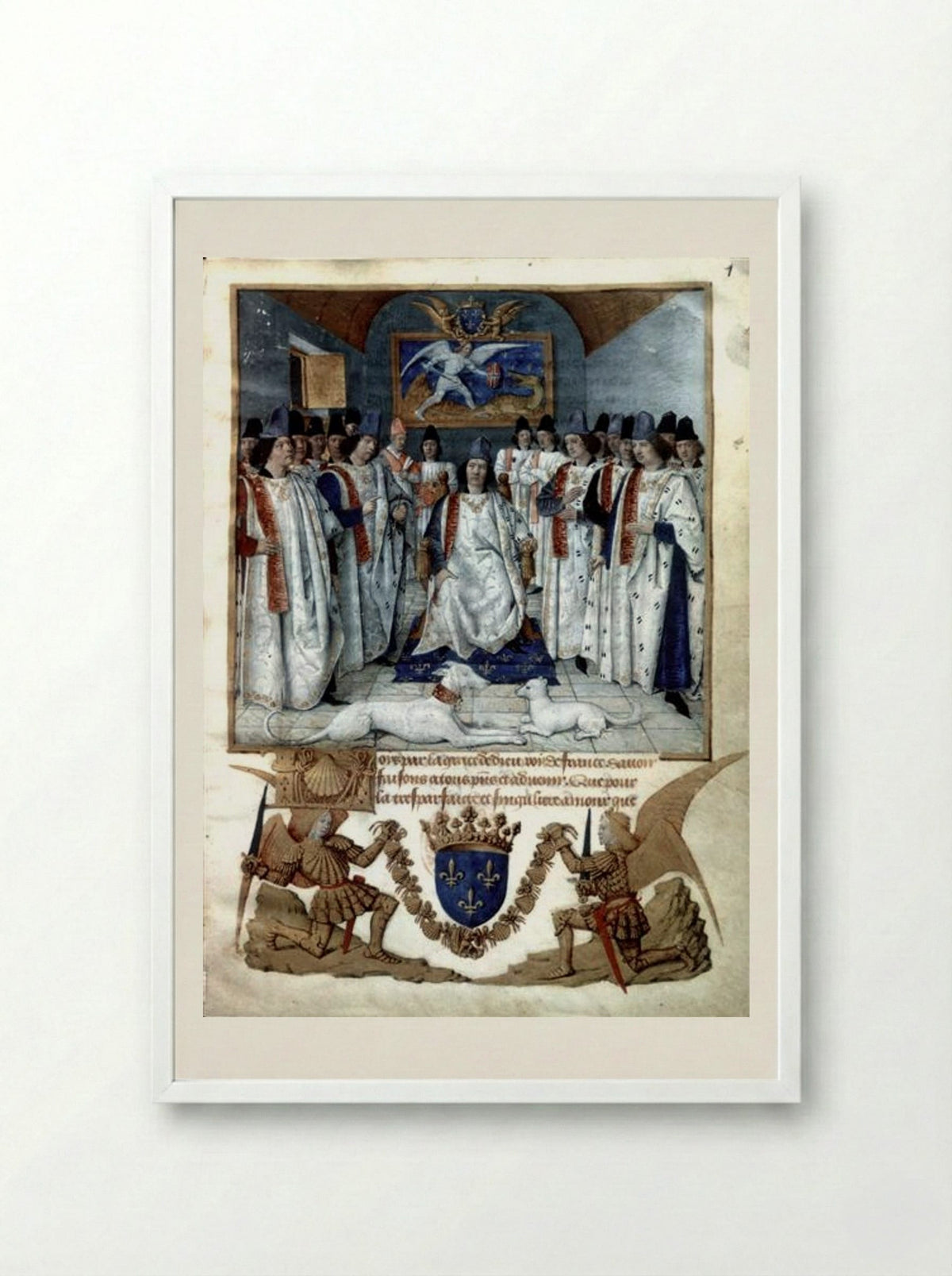 Louis XI presiding over the Chapter of the Order of Saint Michael - Jean Fouquet - Framed Print White