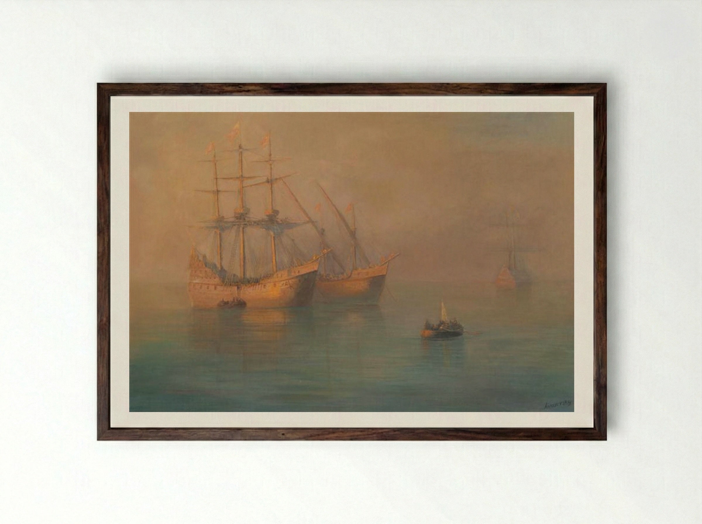 Ships of Columbus - Ivan Aivazovsky - Framed Print Dark Wood