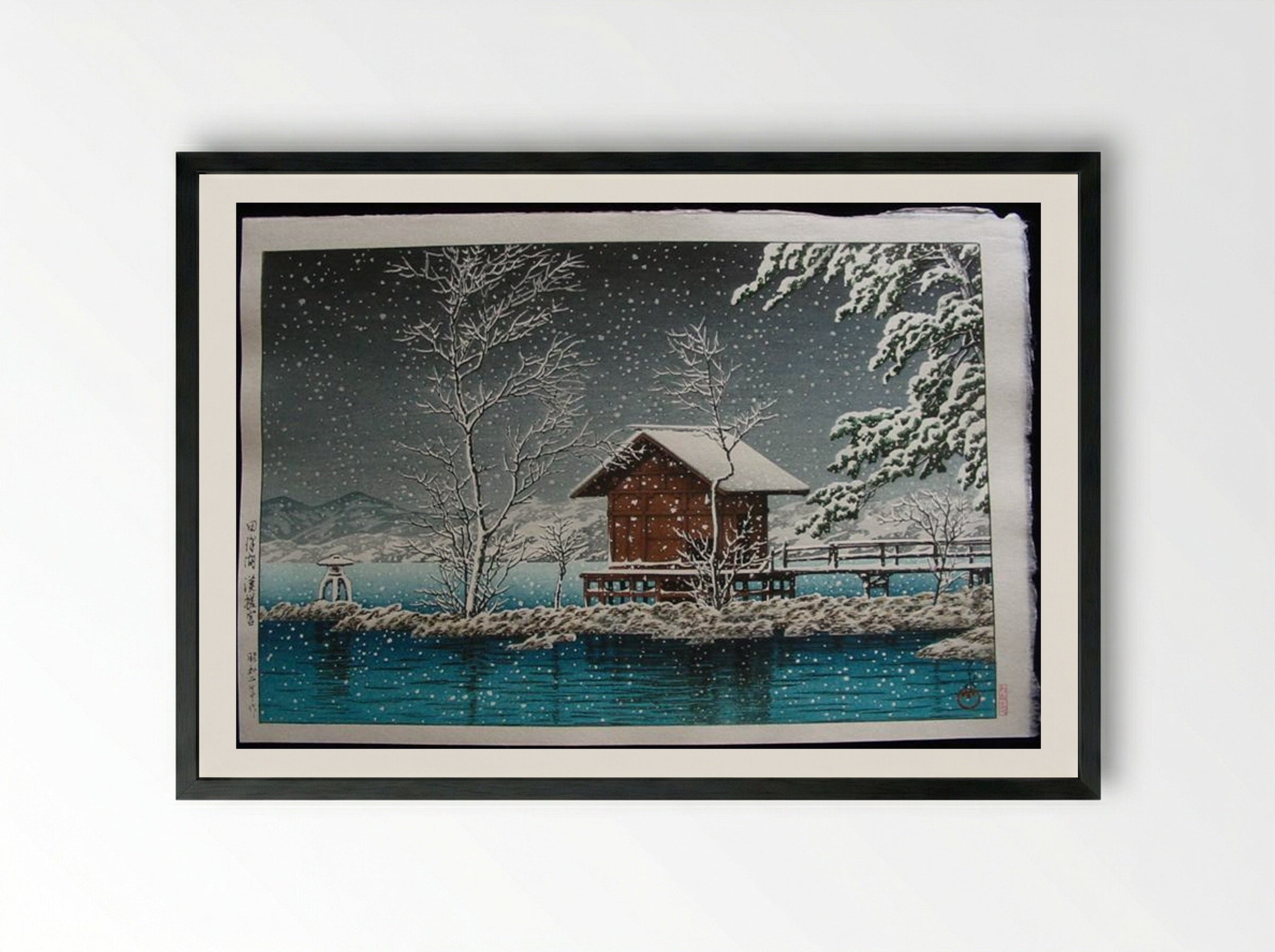 Kansau Shrine in Snow at Lake Tazawa - Hasui Kawase - Framed Print Black