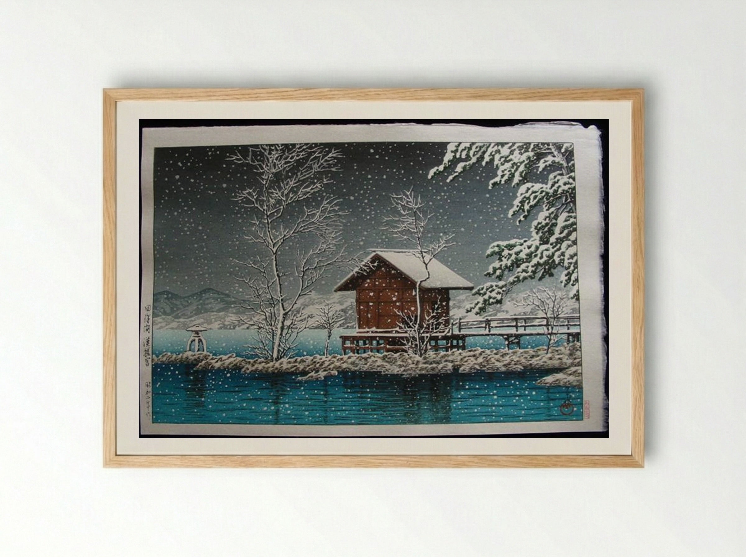 Kansau Shrine in Snow at Lake Tazawa - Hasui Kawase - Framed Print Wood