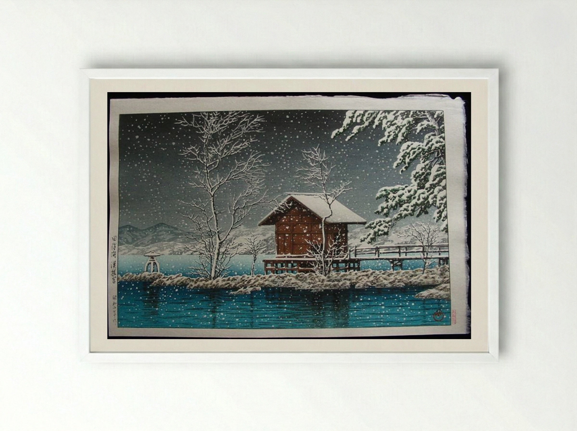 Kansau Shrine in Snow at Lake Tazawa - Hasui Kawase - Framed Print White