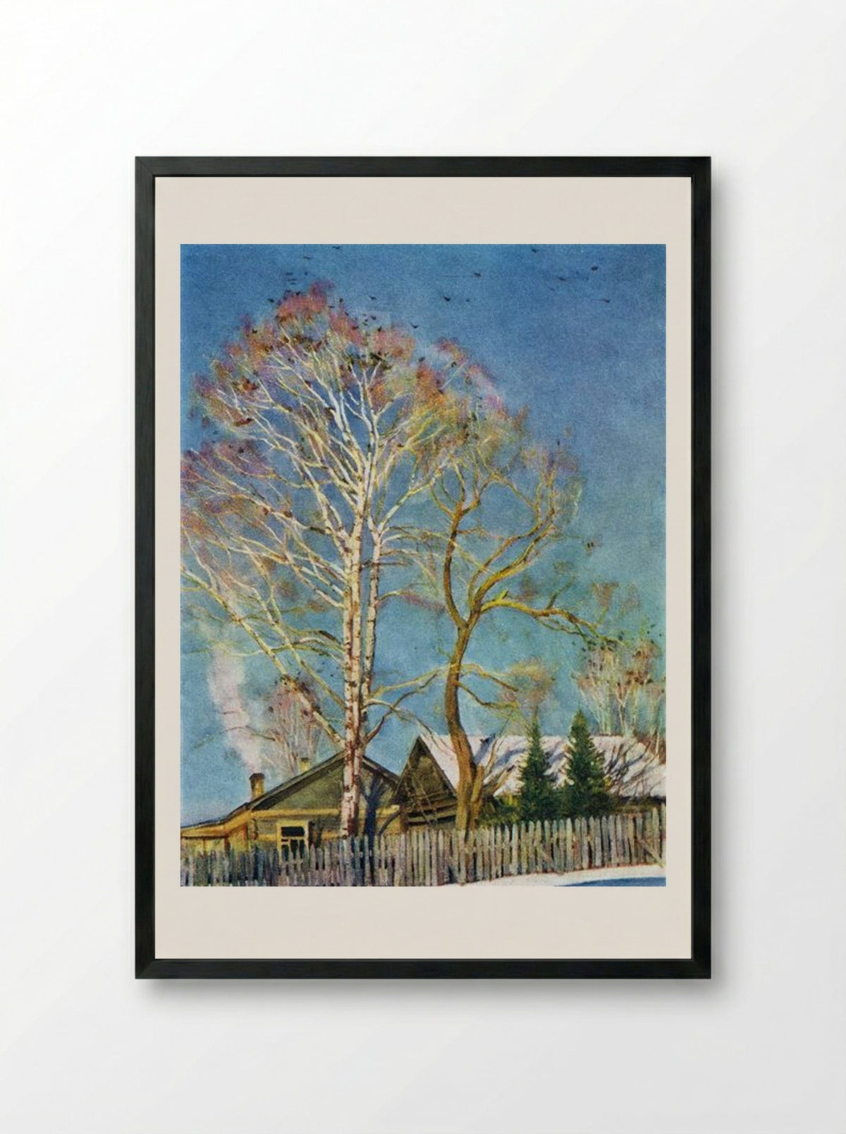 Blue Morning. Rooks on the Birches. Ligachevo - Konstantin Yuon - Framed Print Black
