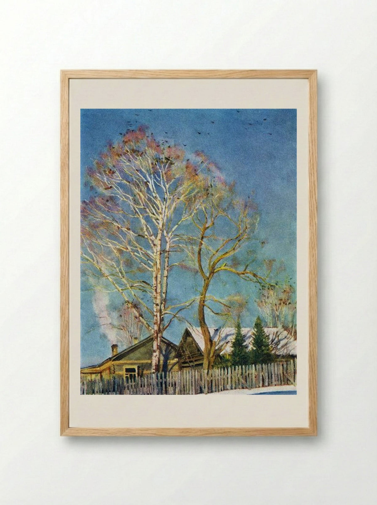 Blue Morning. Rooks on the Birches. Ligachevo - Konstantin Yuon - Framed Print Wood