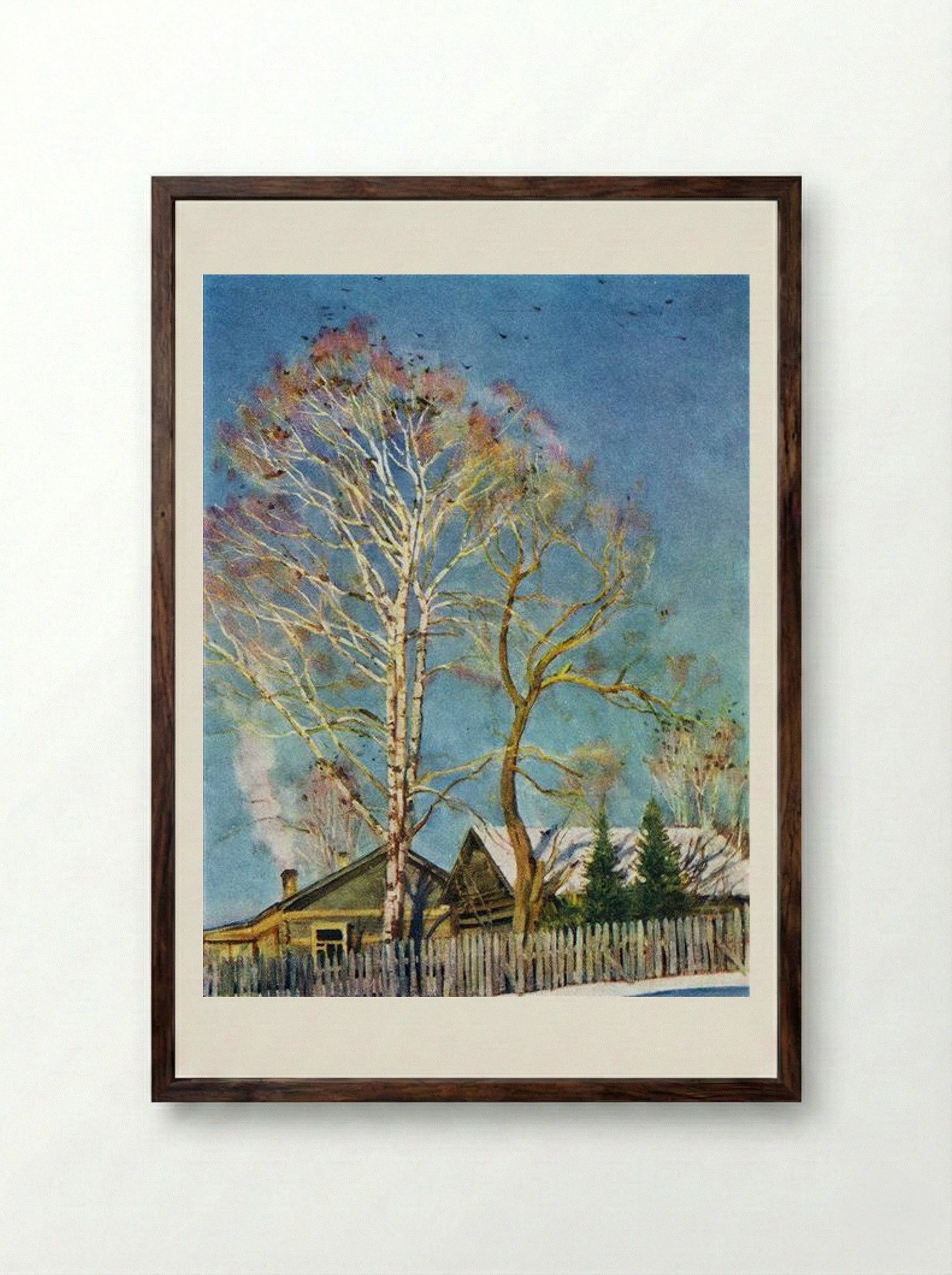 Blue Morning. Rooks on the Birches. Ligachevo - Konstantin Yuon - Framed Print Dark Wood