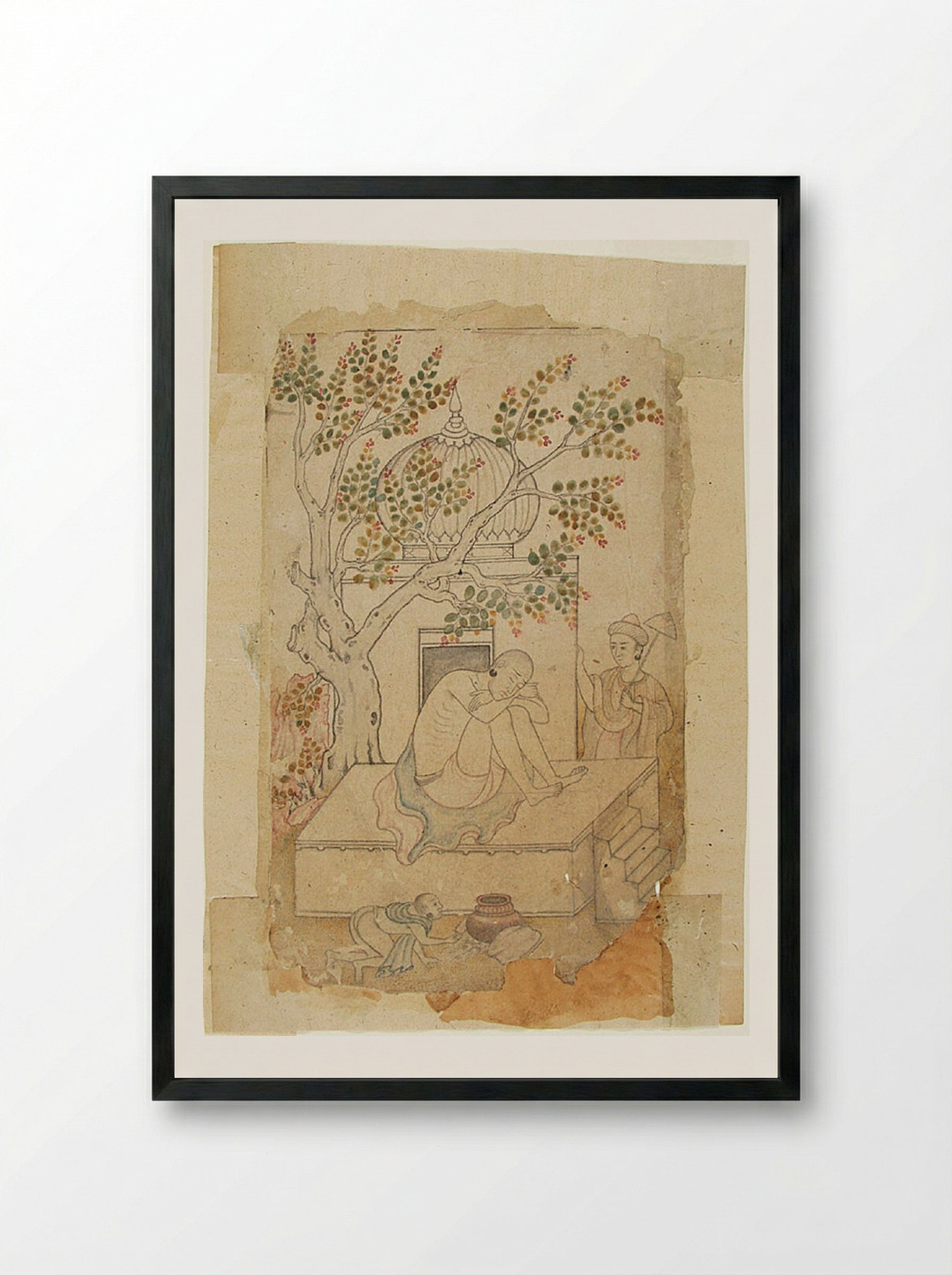 A Holy Man Meditates (Shrine with Sleeping Ascetic) - Daswanth - Framed Print Black