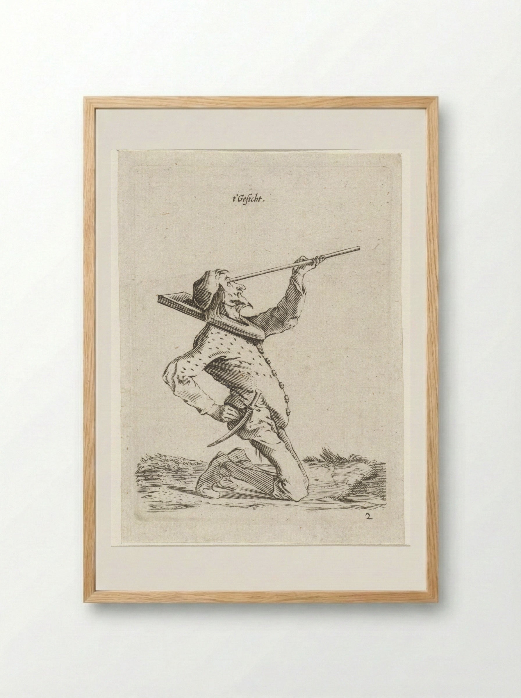 Man die langs een stok tuurt (Sight) - Cornelis Saftleven - Framed Print Wood