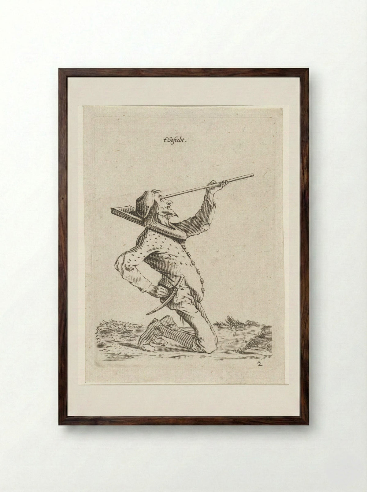 Man die langs een stok tuurt (Sight) - Cornelis Saftleven - Framed Print Dark Wood