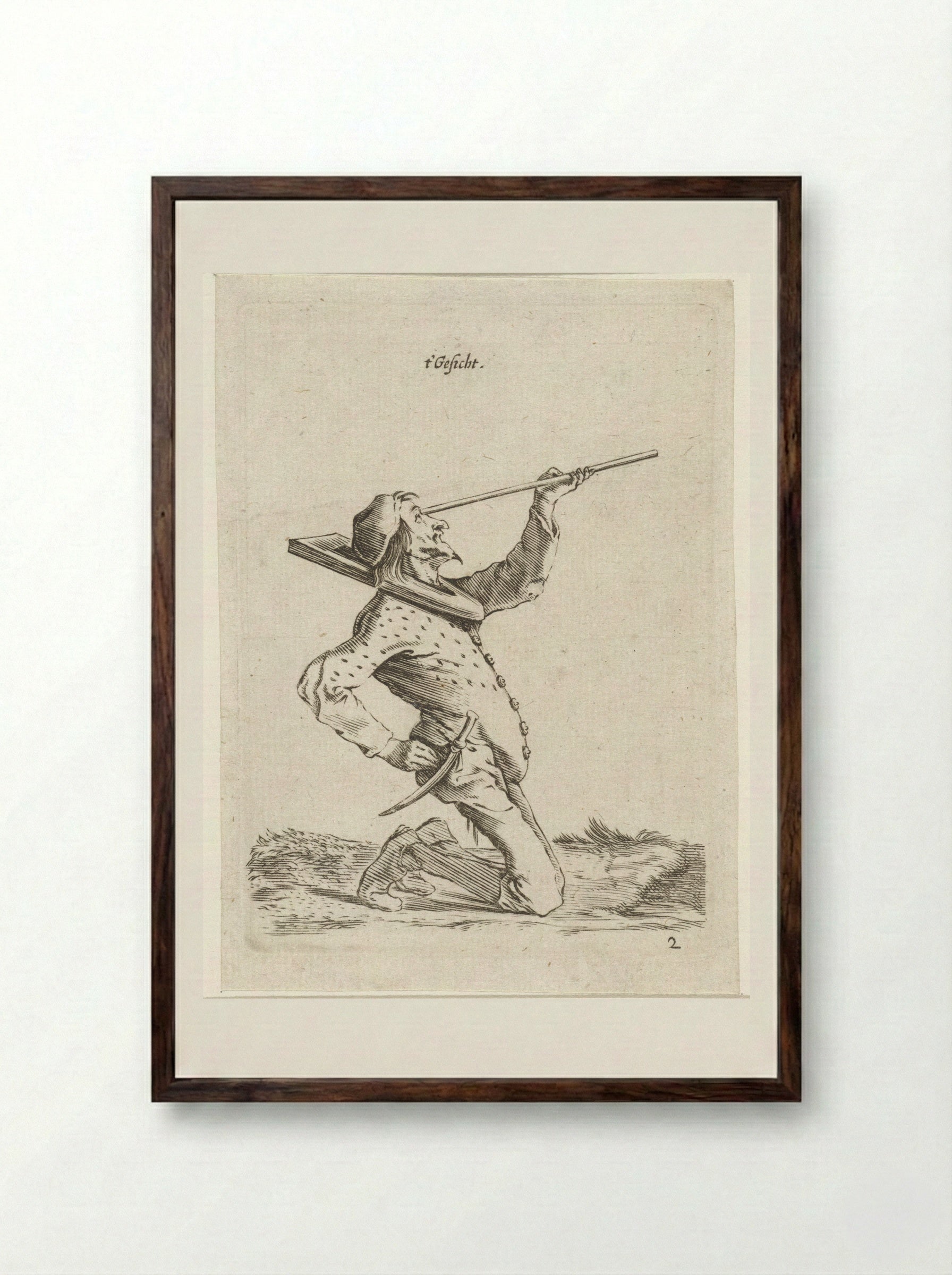 Man die langs een stok tuurt (Sight) - Cornelis Saftleven - Framed Print Dark Wood