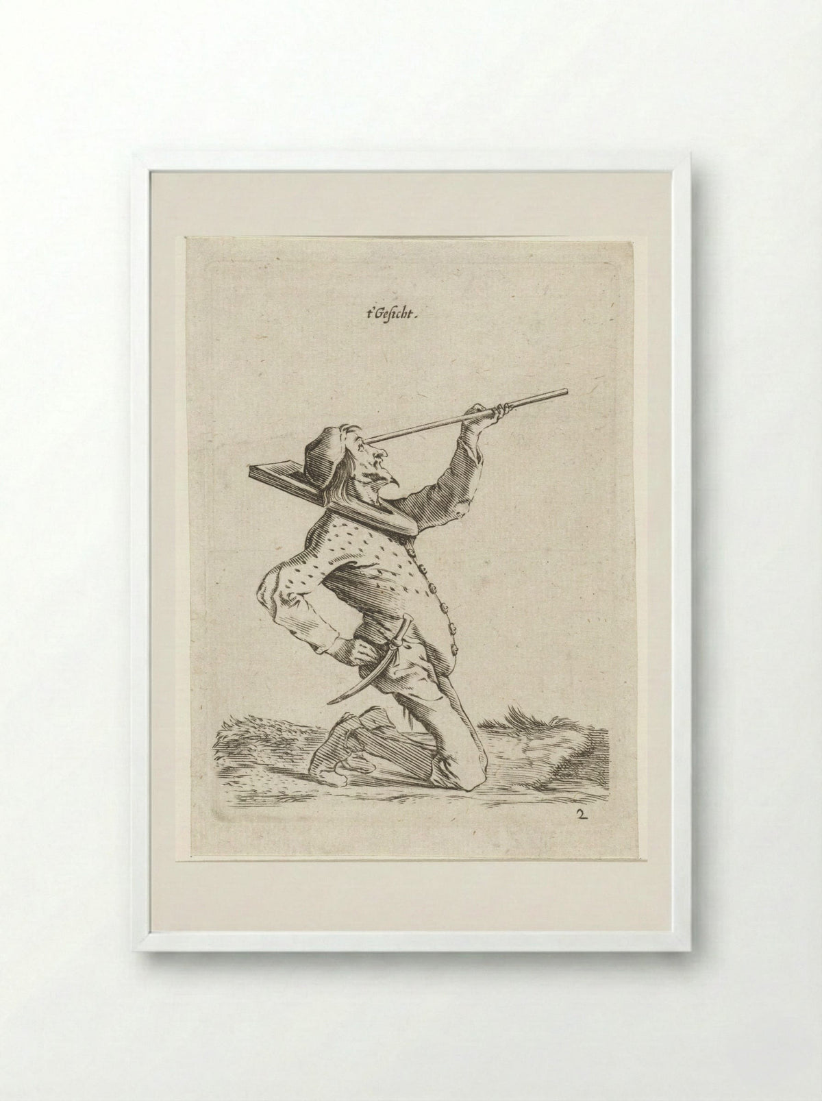 Man die langs een stok tuurt (Sight) - Cornelis Saftleven - Framed Print White