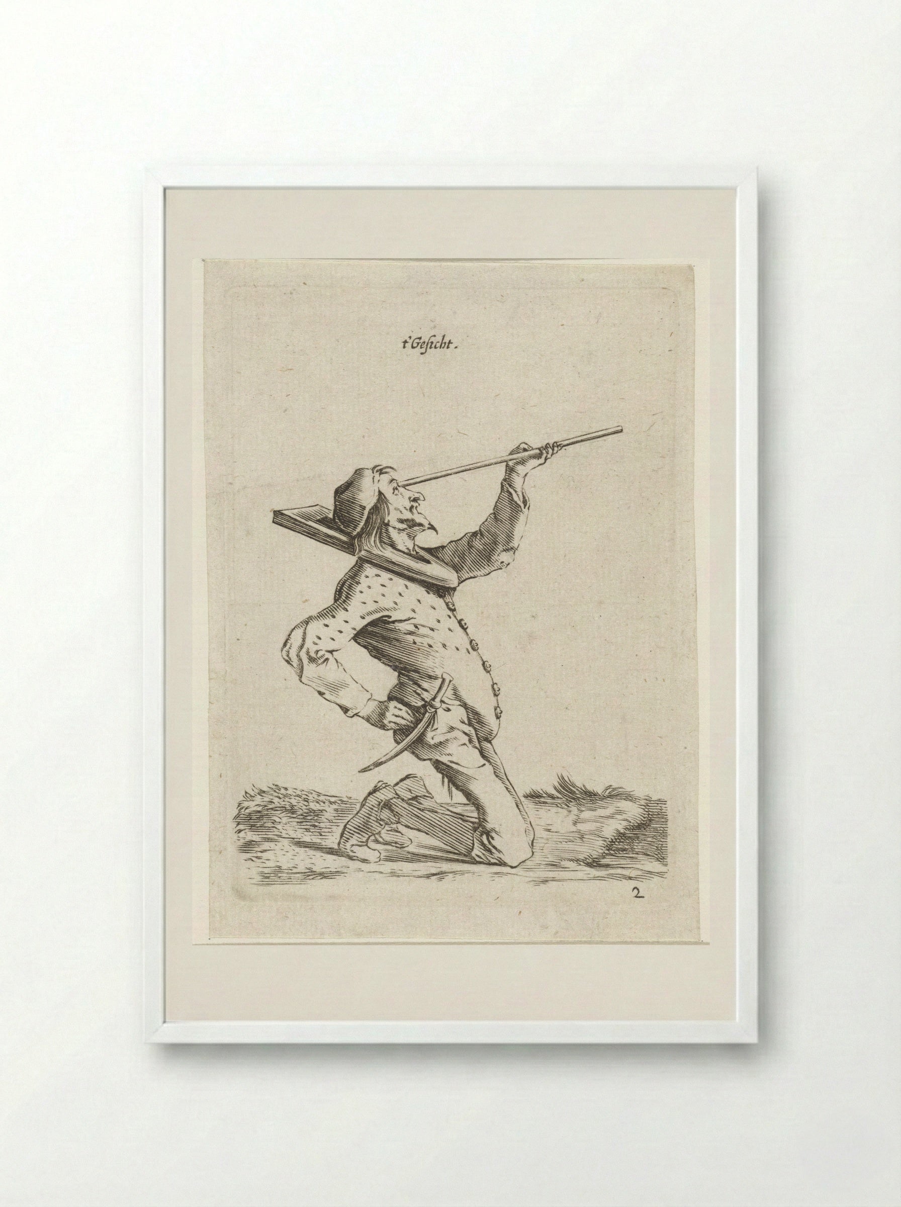 Man die langs een stok tuurt (Sight) - Cornelis Saftleven - Framed Print White