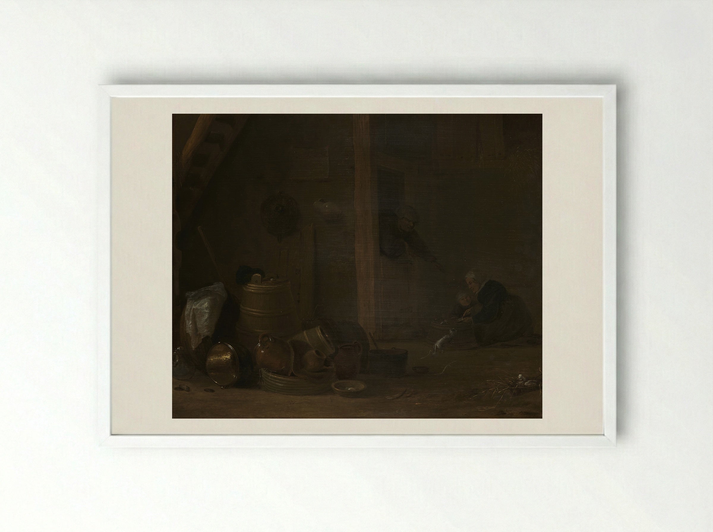 A Barn Interior with Two Goats - Cornelis Saftleven - Framed Print White