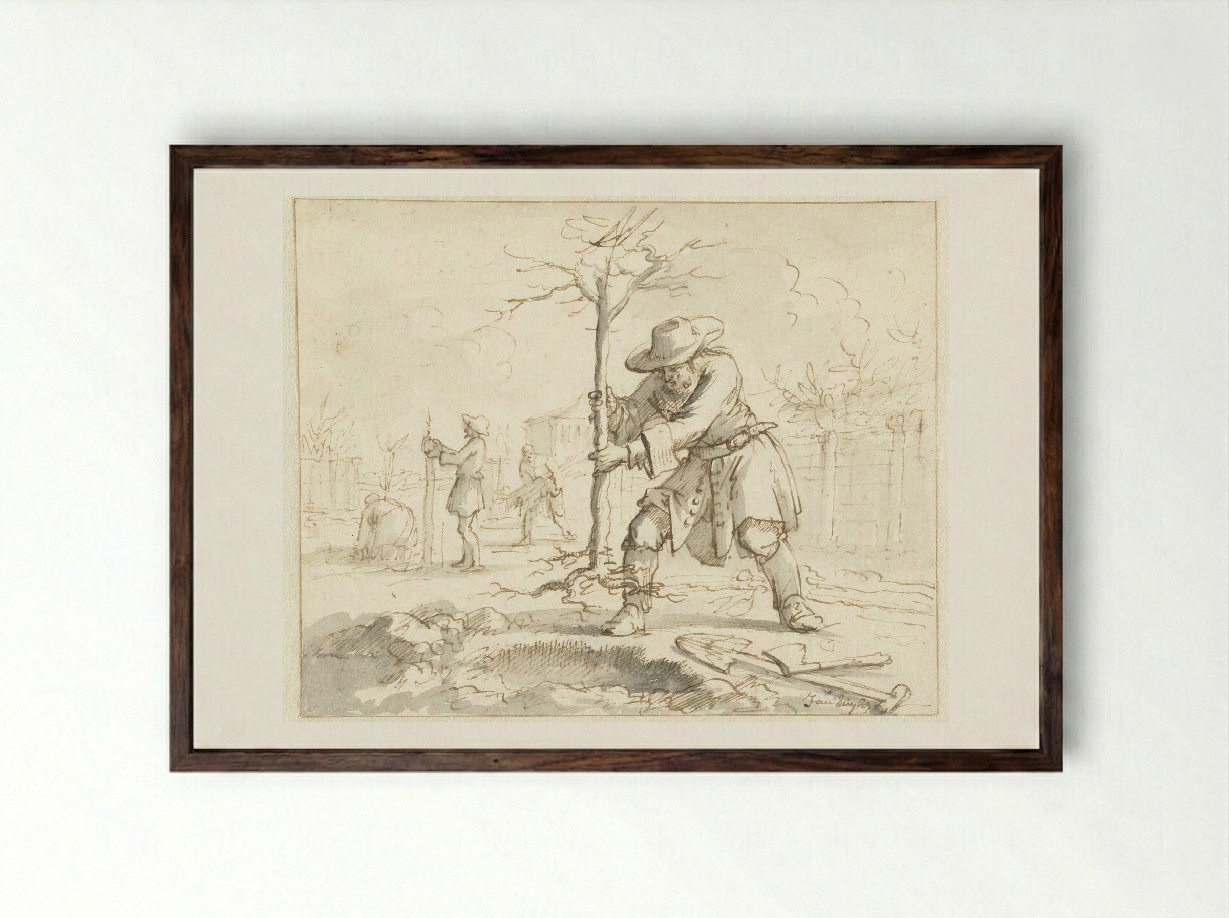 Het planten van bomen - Jan Luyken - Framed Print Dark Wood