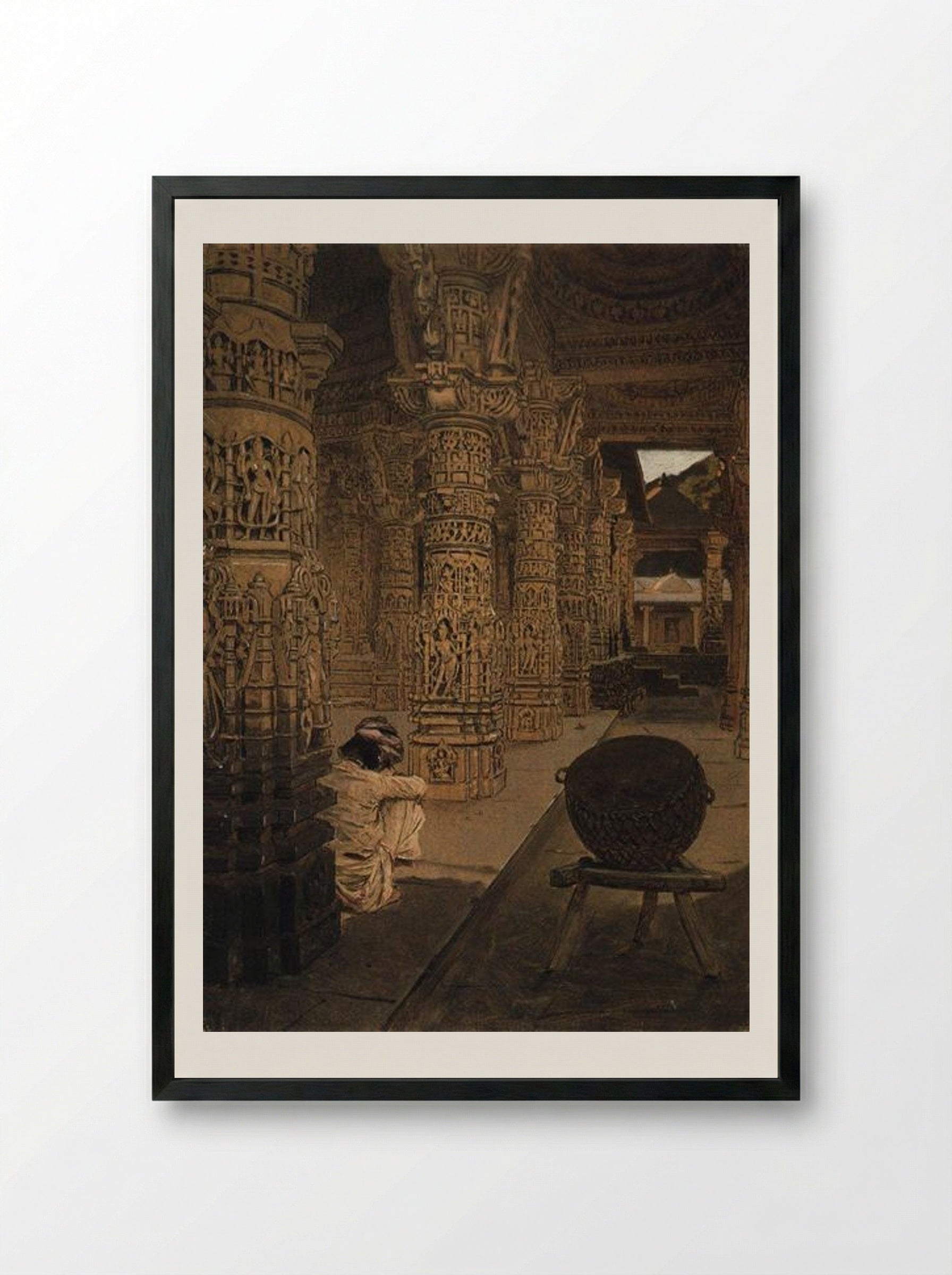 The Colonnade in the Jain Temple at Mount Abu in the Evening - Vasily Vereshchagin - Framed Print Black