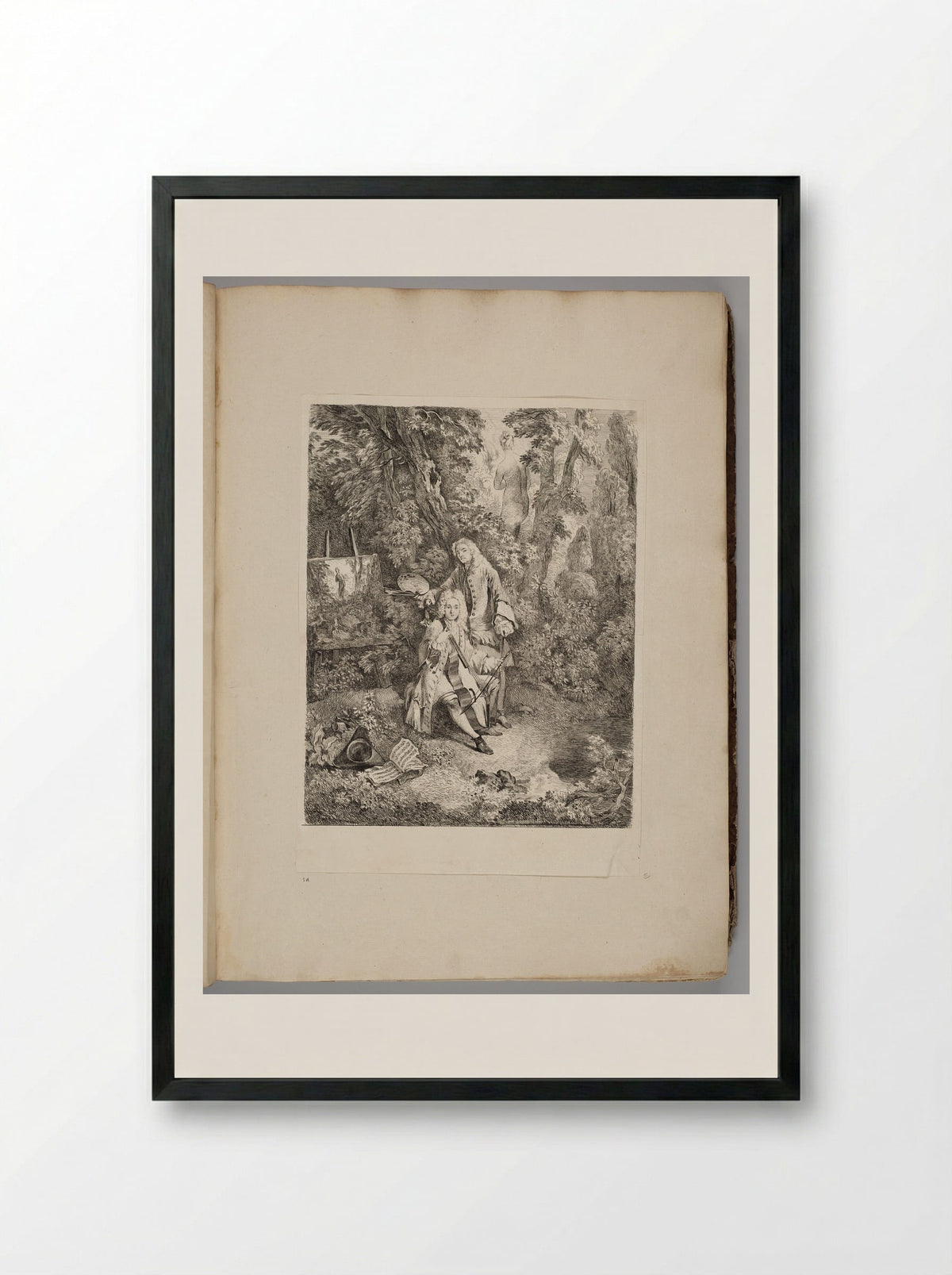 Watteau at His Easel, Jullienne Playing the Cello, in a Shady Grove - Fine Art Print - Framed Print Black