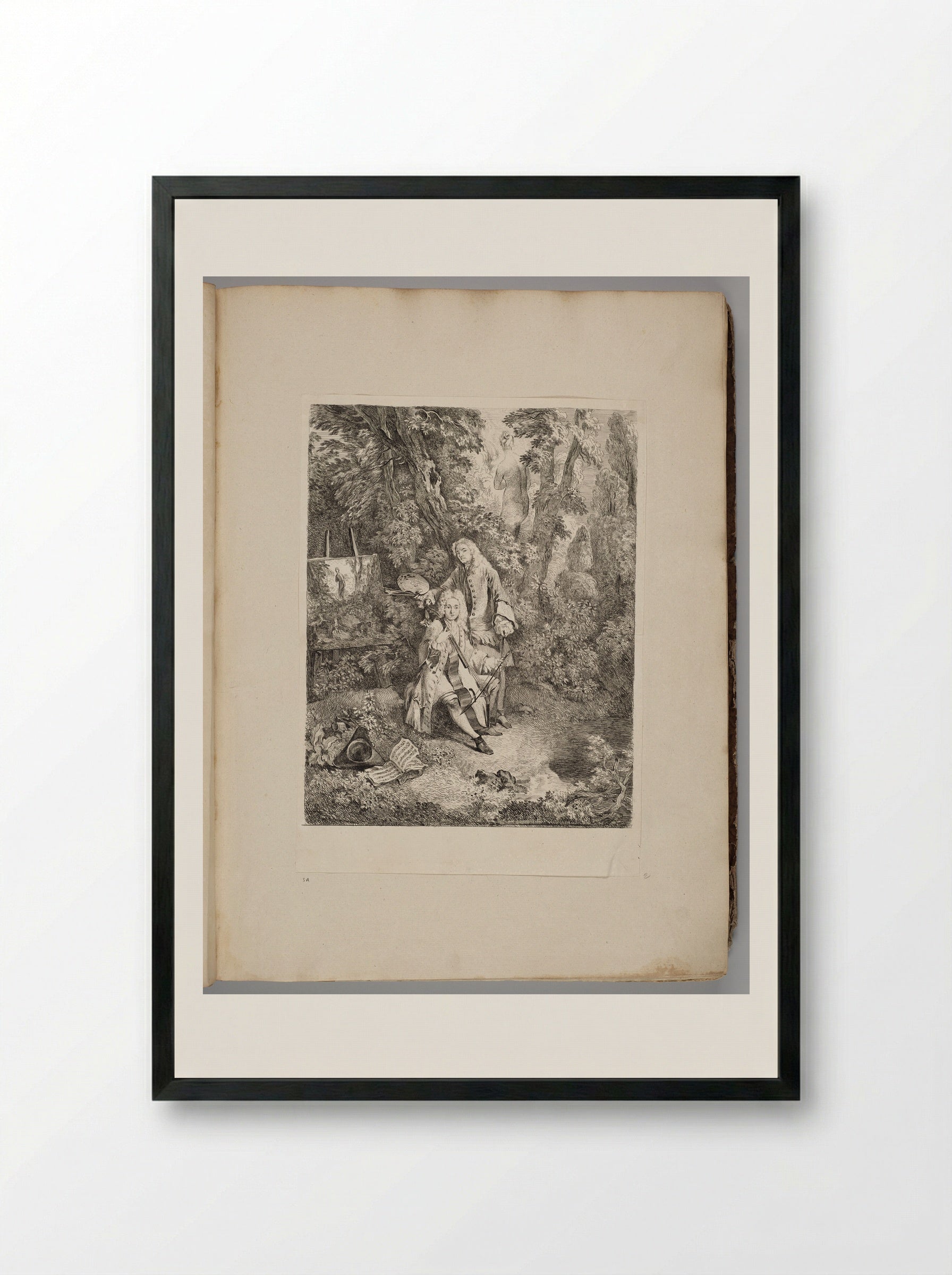 Watteau at His Easel, Jullienne Playing the Cello, in a Shady Grove - Fine Art Print - Framed Print Black