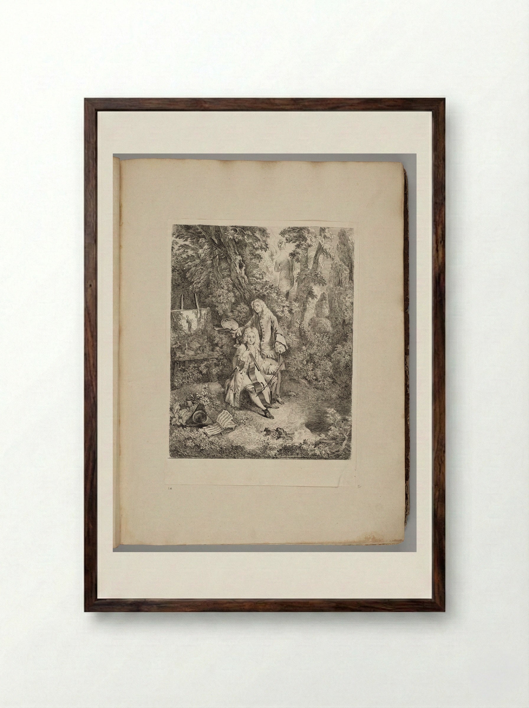 Watteau at His Easel, Jullienne Playing the Cello, in a Shady Grove - Fine Art Print - Framed Print Dark Wood