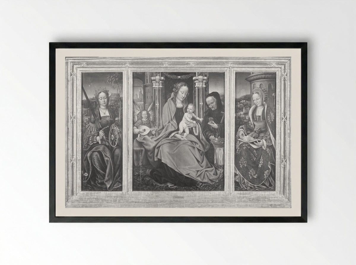 Triptych with the Virgin and Child, Saint Barbara, and Saint Catherine - Master of Frankfurt - Framed Print Black