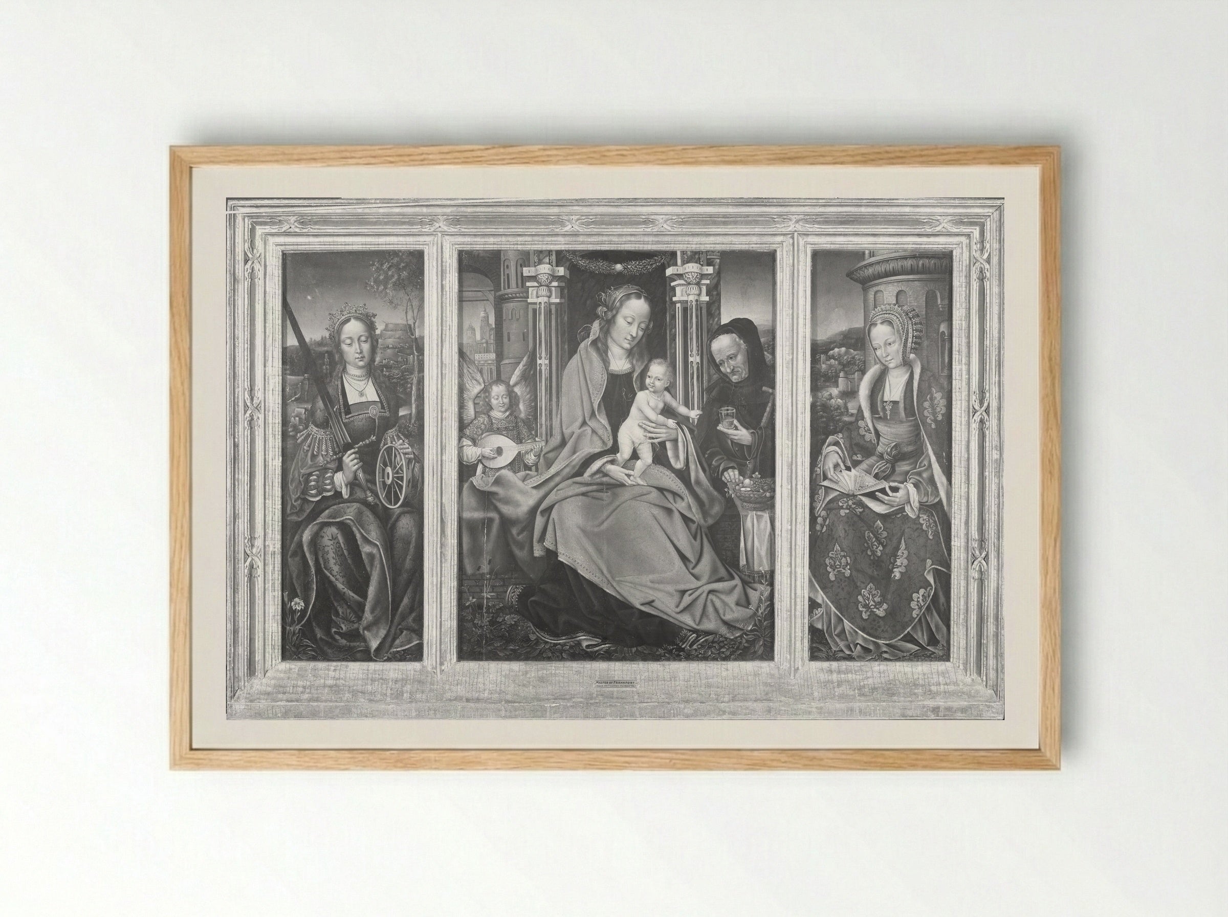 Triptych with the Virgin and Child, Saint Barbara, and Saint Catherine - Master of Frankfurt - Framed Print Wood