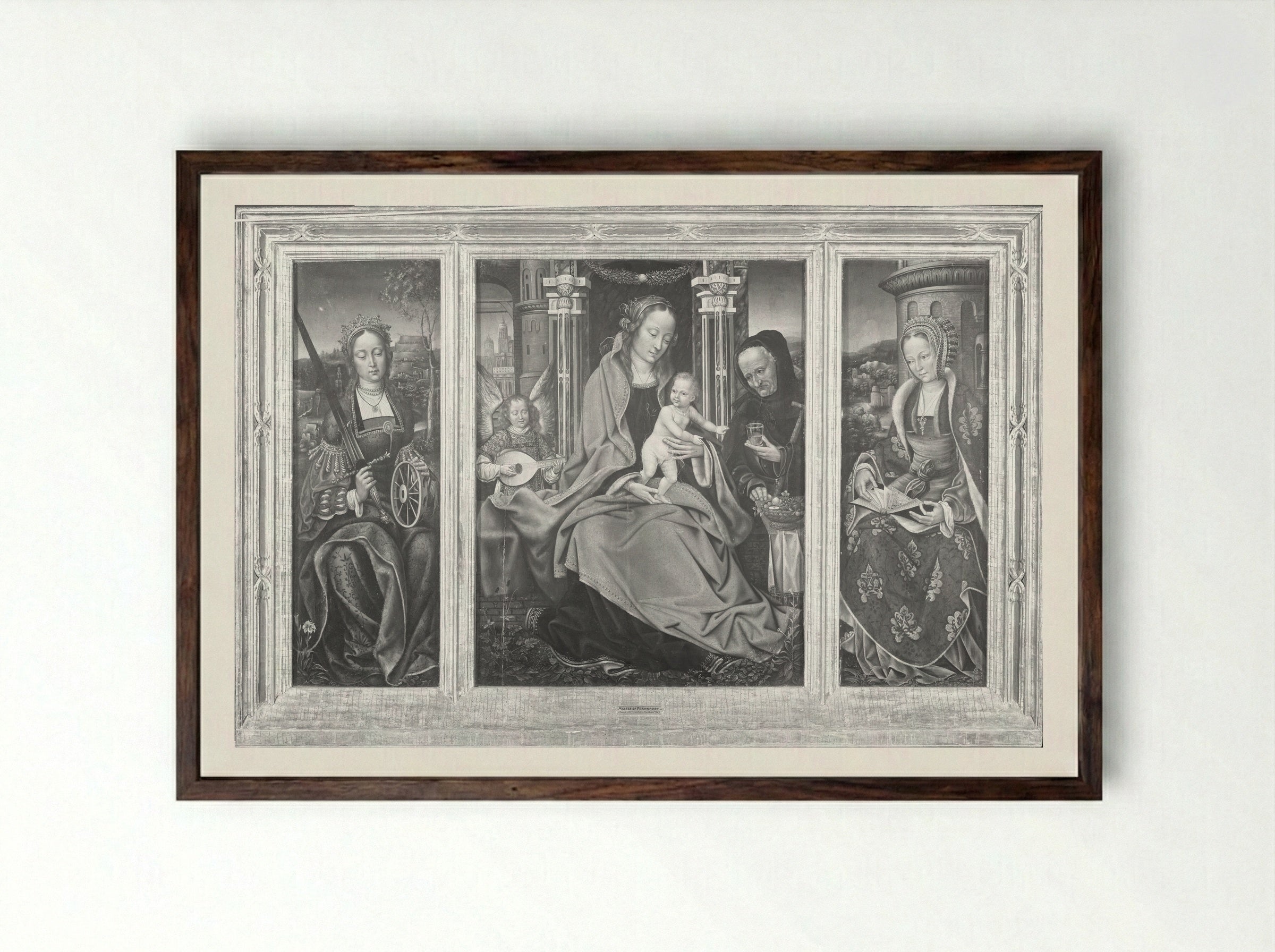 Triptych with the Virgin and Child, Saint Barbara, and Saint Catherine - Master of Frankfurt - Framed Print Dark Wood