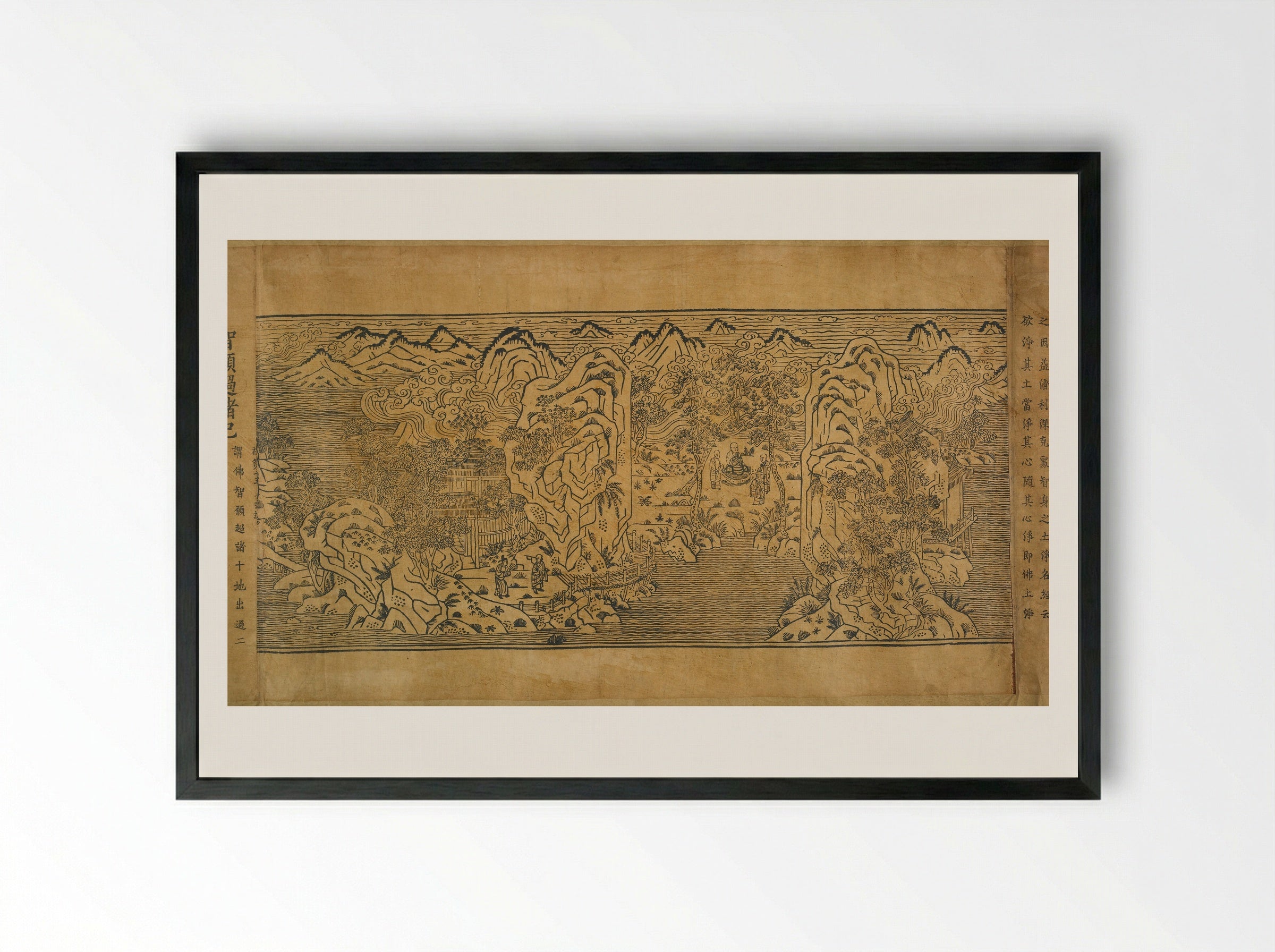 Landscape Illustrations and Leaves 6 through 10 from Chapter Thirteen of the Imperial Commentary on the Buddhist Canon (Tripitaka) - Unknown Artist - Framed Print Black