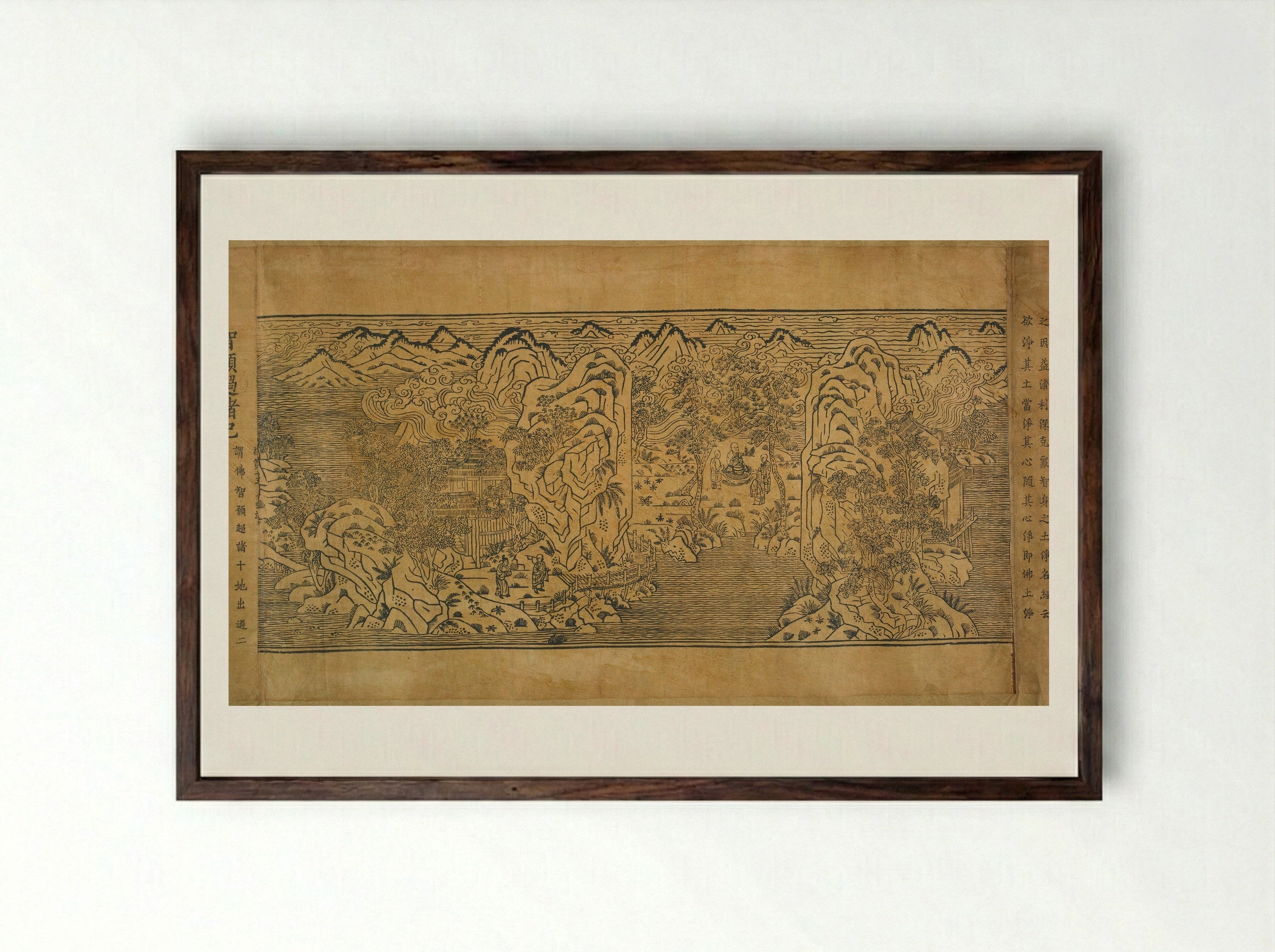 Landscape Illustrations and Leaves 6 through 10 from Chapter Thirteen of the Imperial Commentary on the Buddhist Canon (Tripitaka) - Unknown Artist - Framed Print Dark Wood