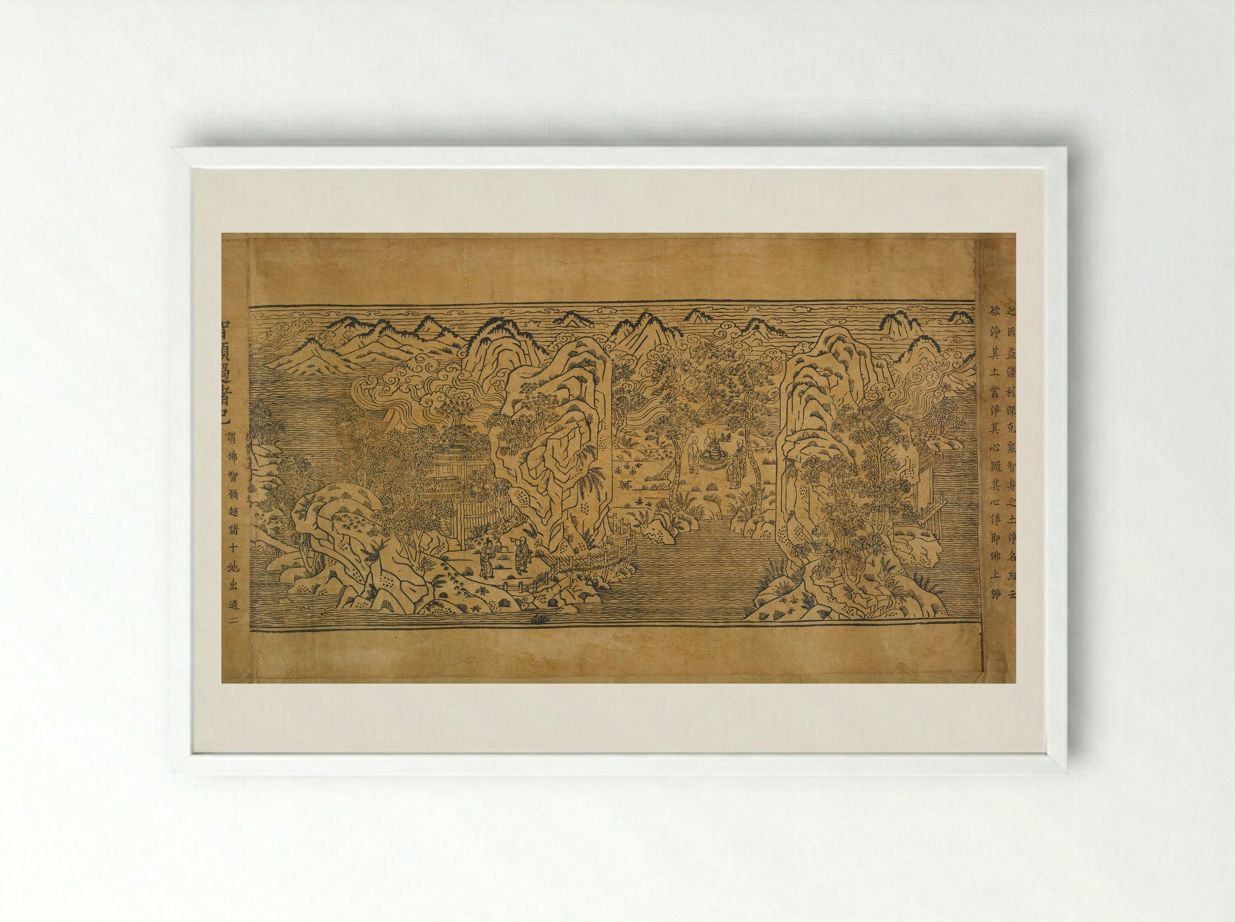Landscape Illustrations and Leaves 6 through 10 from Chapter Thirteen of the Imperial Commentary on the Buddhist Canon (Tripitaka) - Unknown Artist - Framed Print White