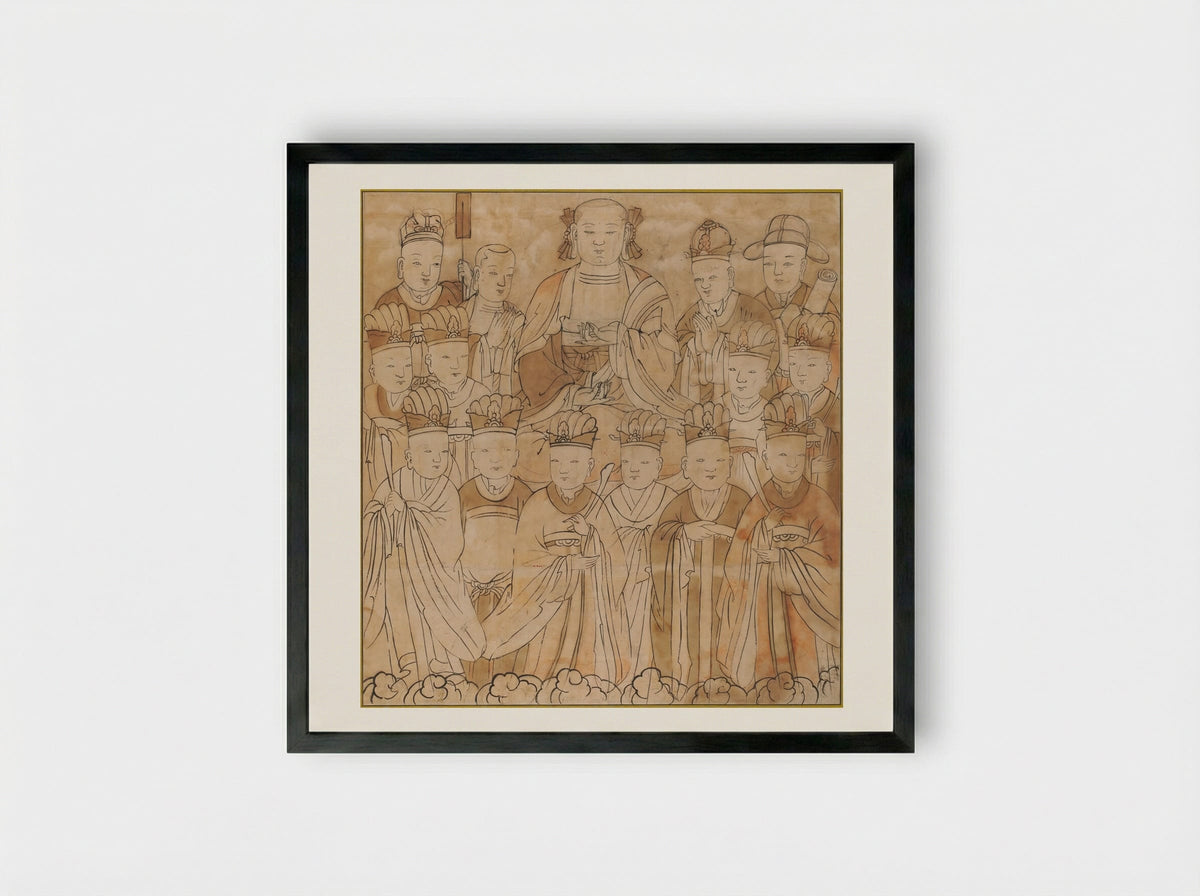 Seated Chijang Posal Flanked by the Ten Kings of Hell, Monk Tomyŏng, and Three Officials - Unknown Artist - Framed Print Black