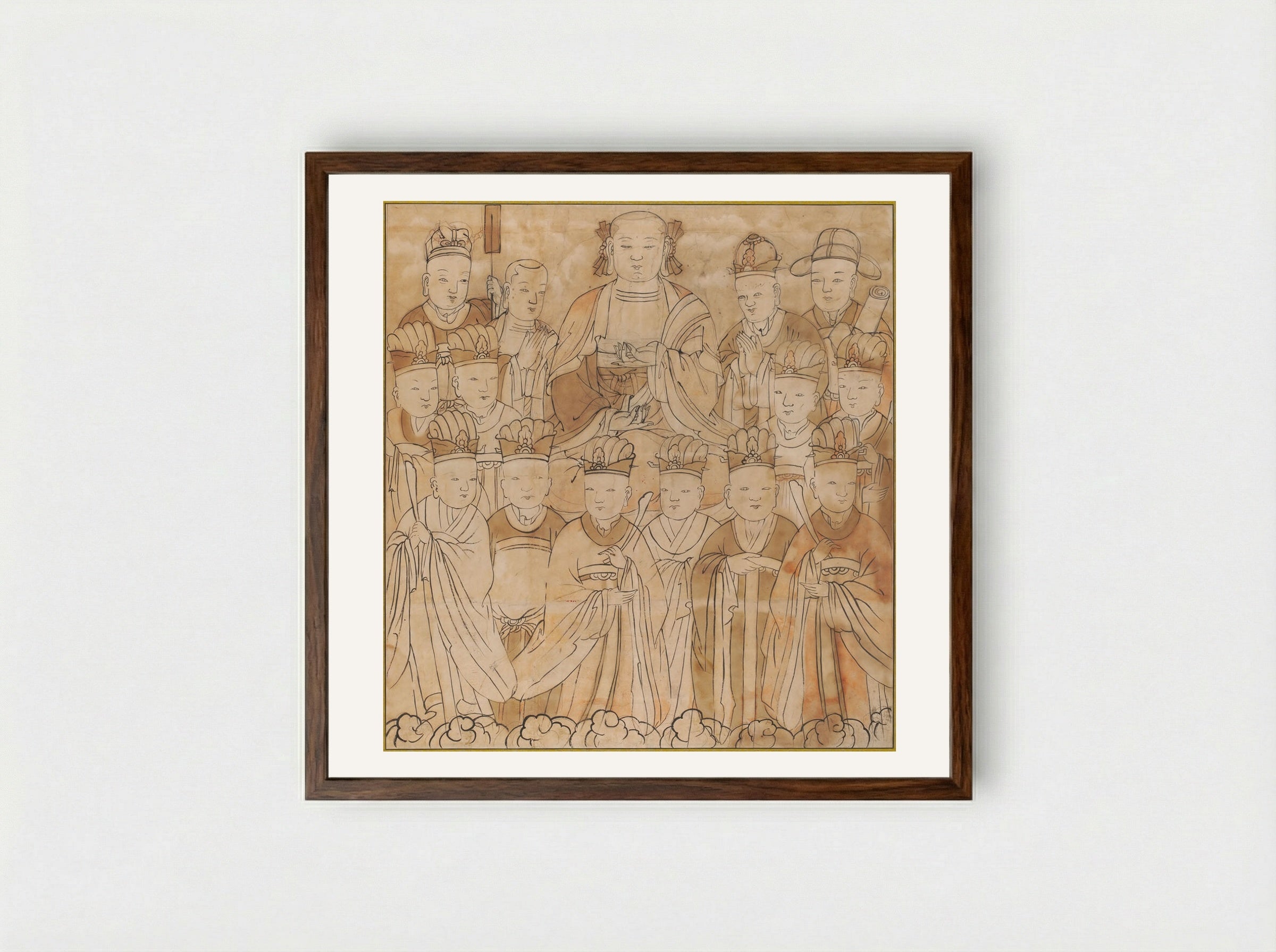 Seated Chijang Posal Flanked by the Ten Kings of Hell, Monk Tomyŏng, and Three Officials - Unknown Artist - Framed Print Dark Wood