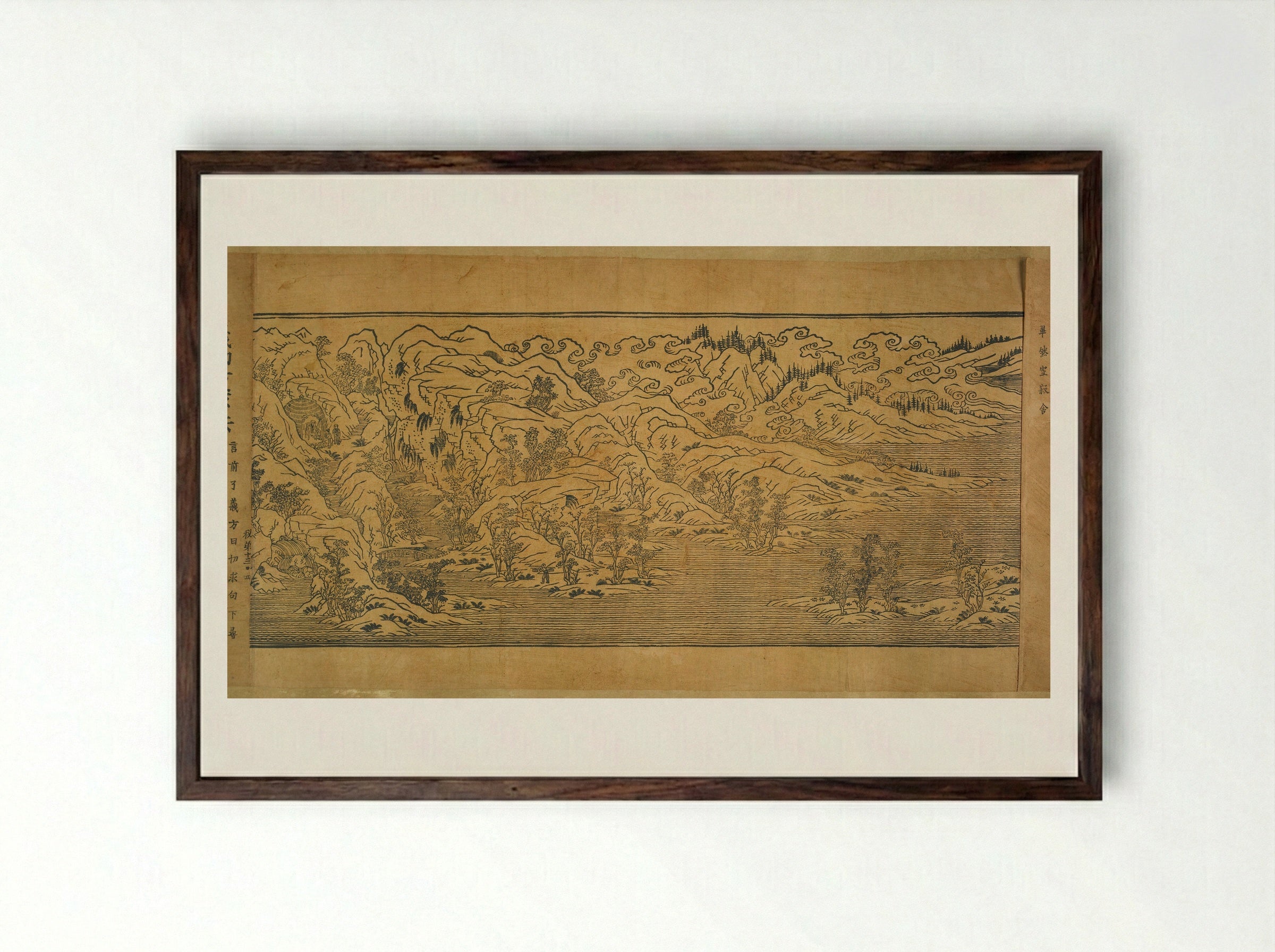 Landscape Illustrations and Fragmentary Text from Chapter Thirteen of the Imperial Commentary on the Buddhist Canon (Tripitaka) - Unknown Artist - Framed Print Dark Wood