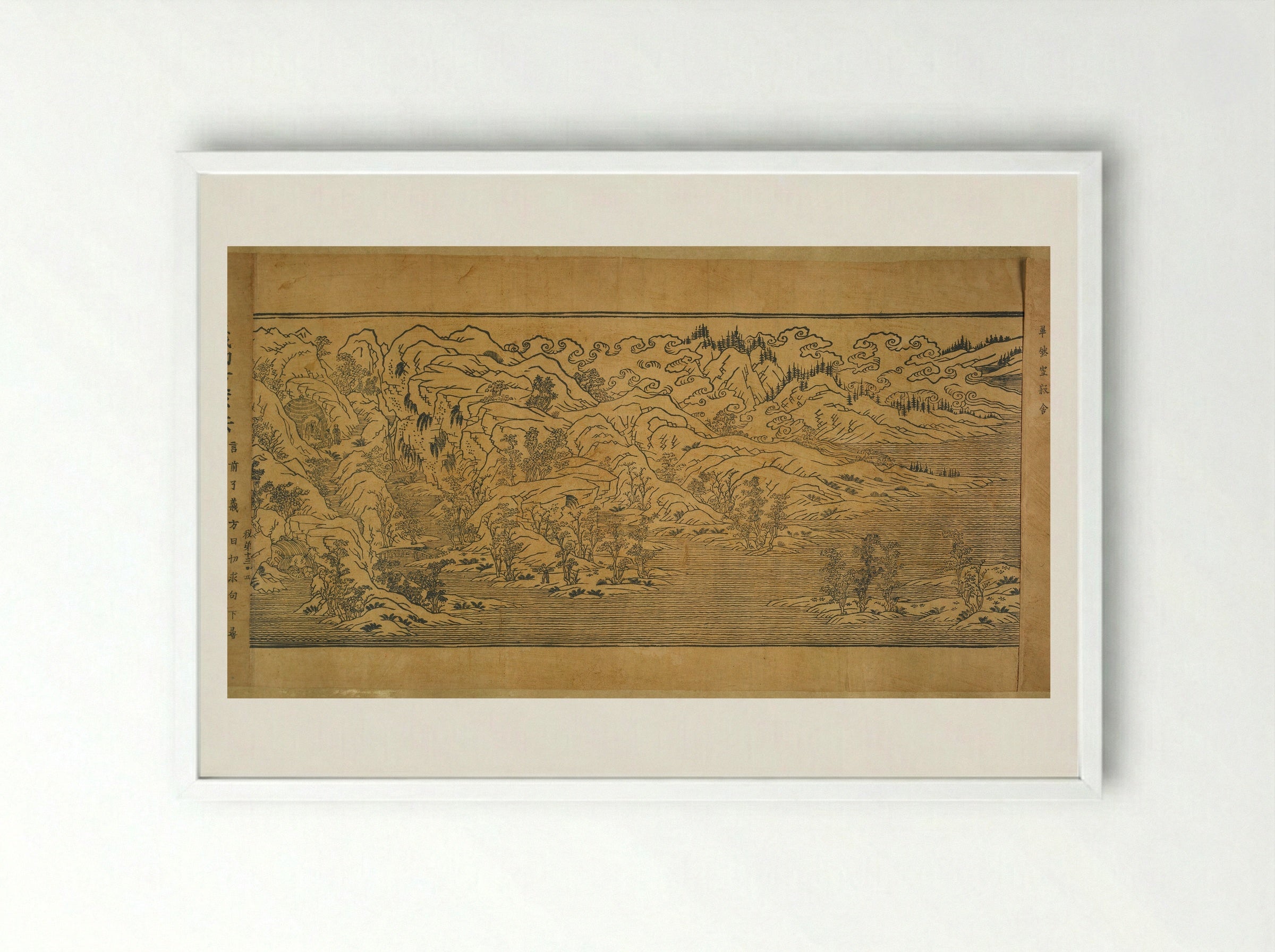 Landscape Illustrations and Fragmentary Text from Chapter Thirteen of the Imperial Commentary on the Buddhist Canon (Tripitaka) - Unknown Artist - Framed Print White