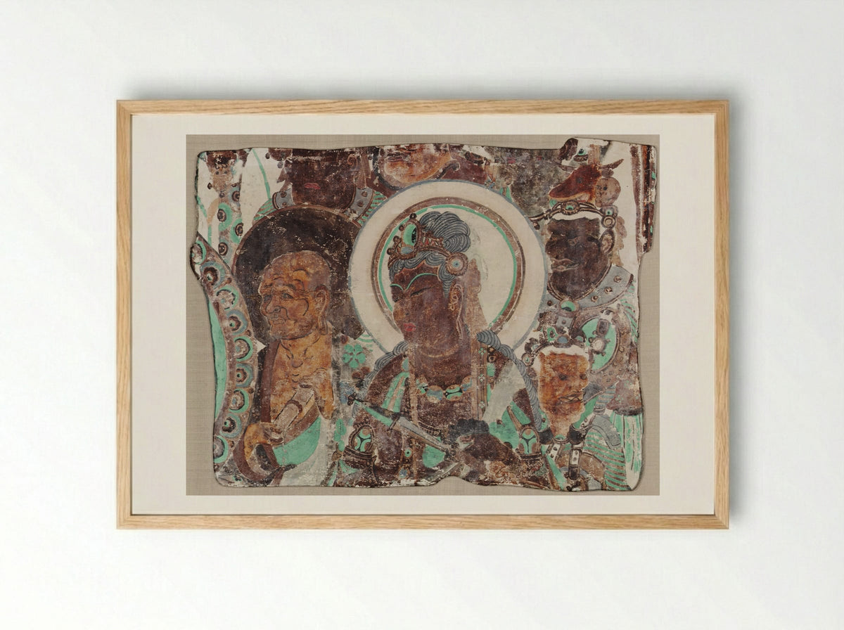 Bodhisattva Surrounded by a Monk and Devas - Unknown Artist - Framed Print Wood