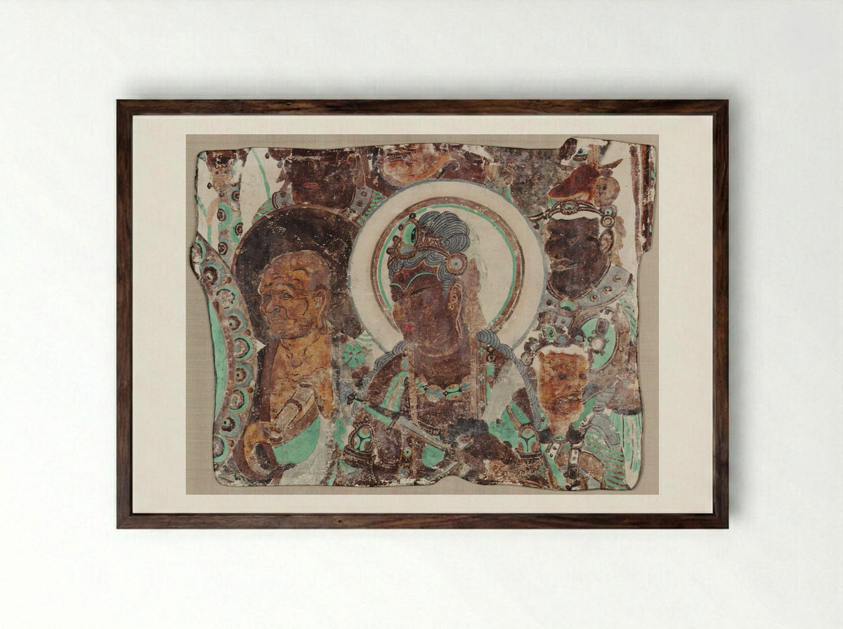 Bodhisattva Surrounded by a Monk and Devas - Unknown Artist - Framed Print Dark Wood