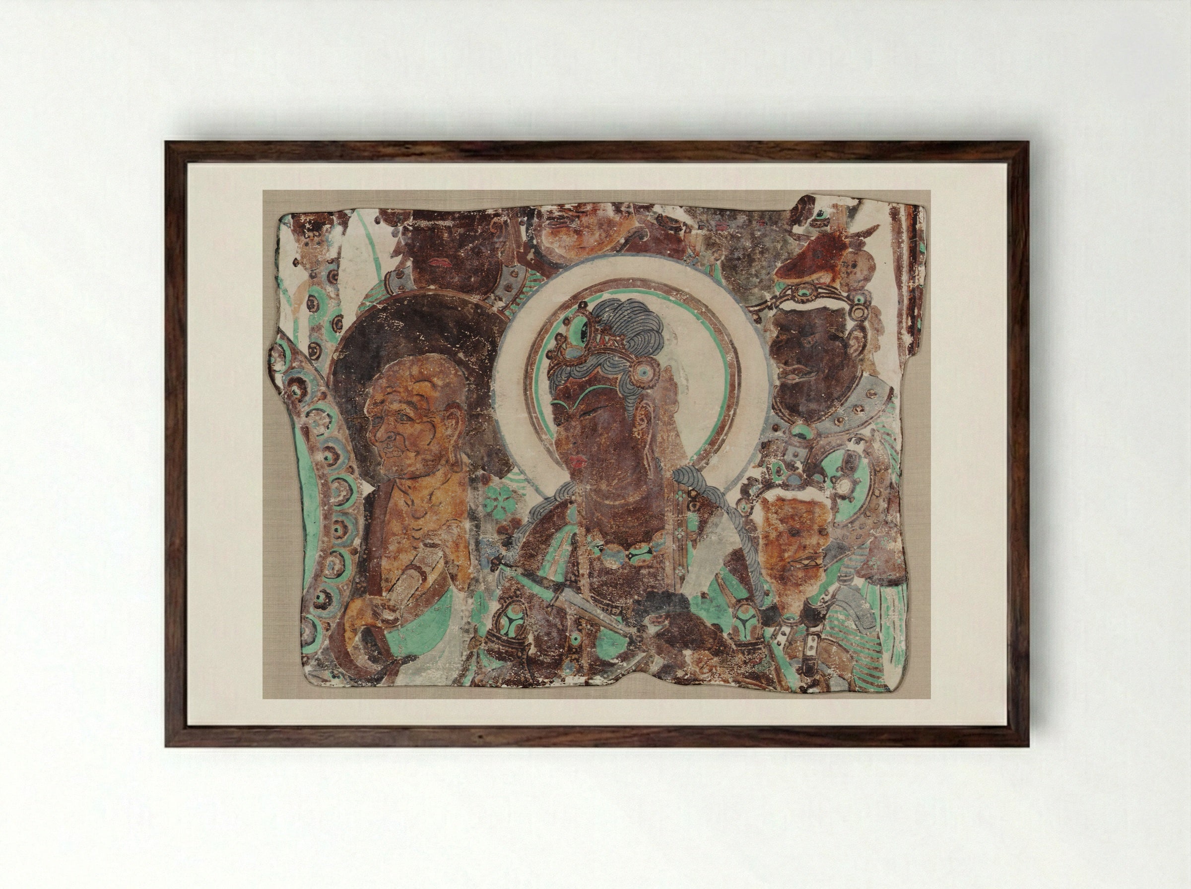 Bodhisattva Surrounded by a Monk and Devas - Unknown Artist - Framed Print Dark Wood