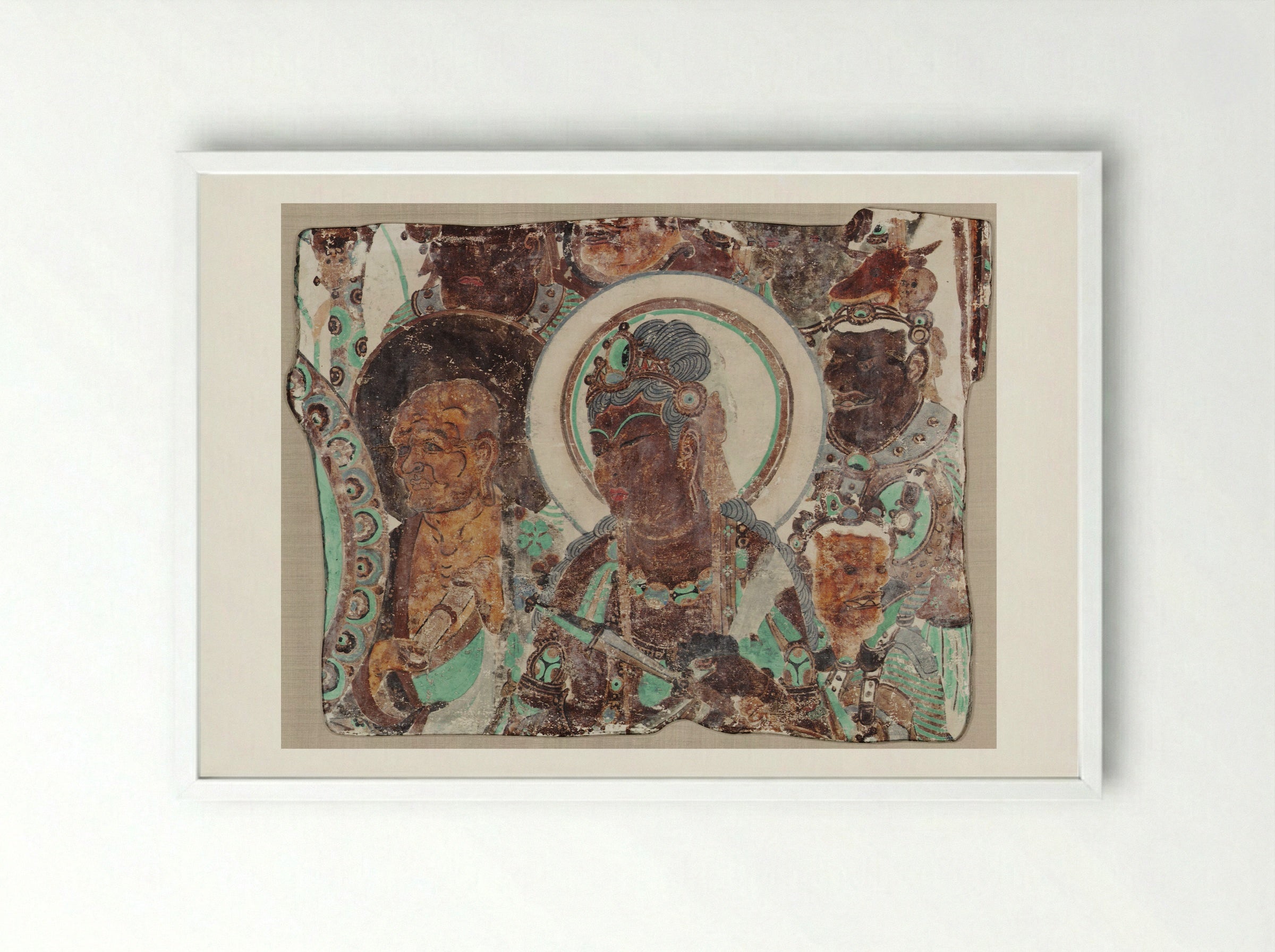 Bodhisattva Surrounded by a Monk and Devas - Unknown Artist - Framed Print White
