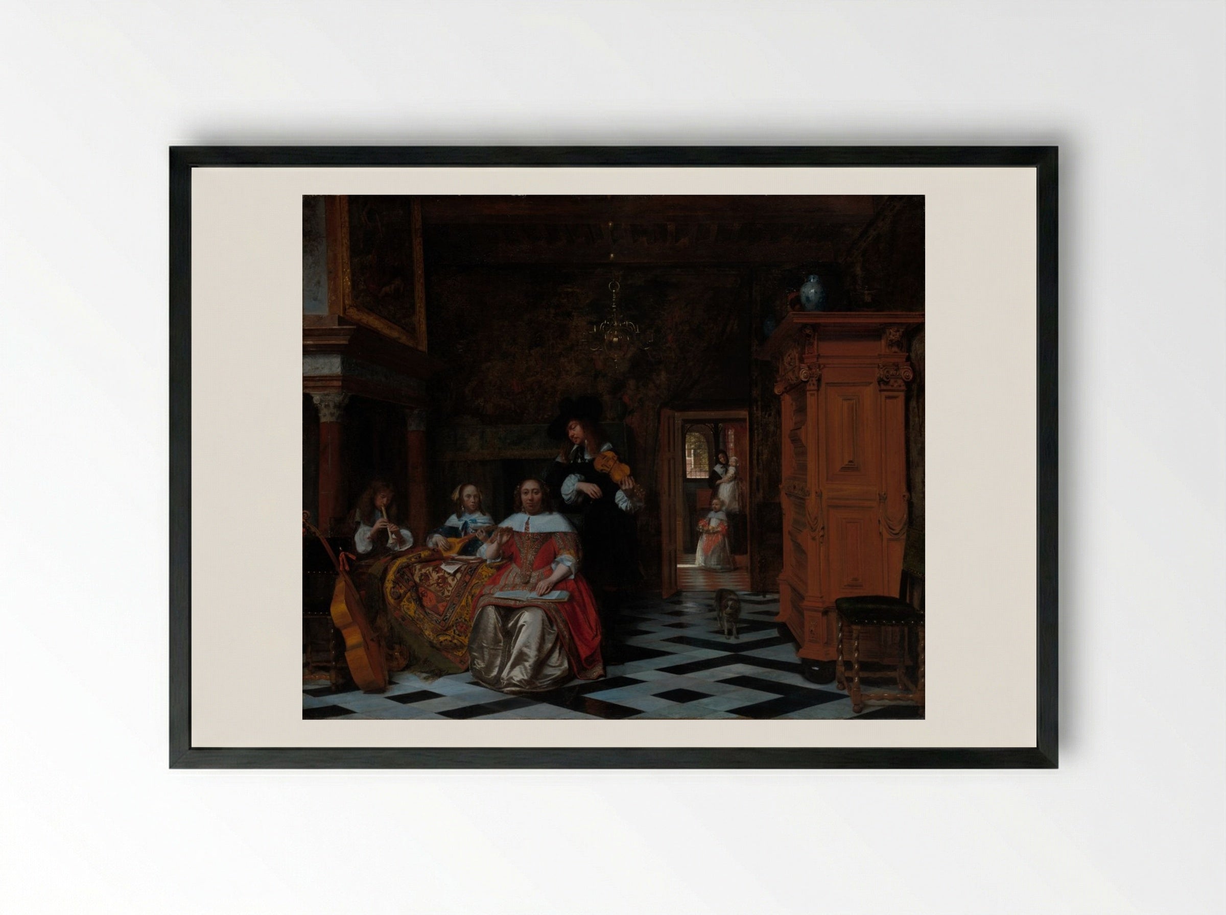 Portrait of a Family Playing Music - Pieter de Hooch - Framed Print Black
