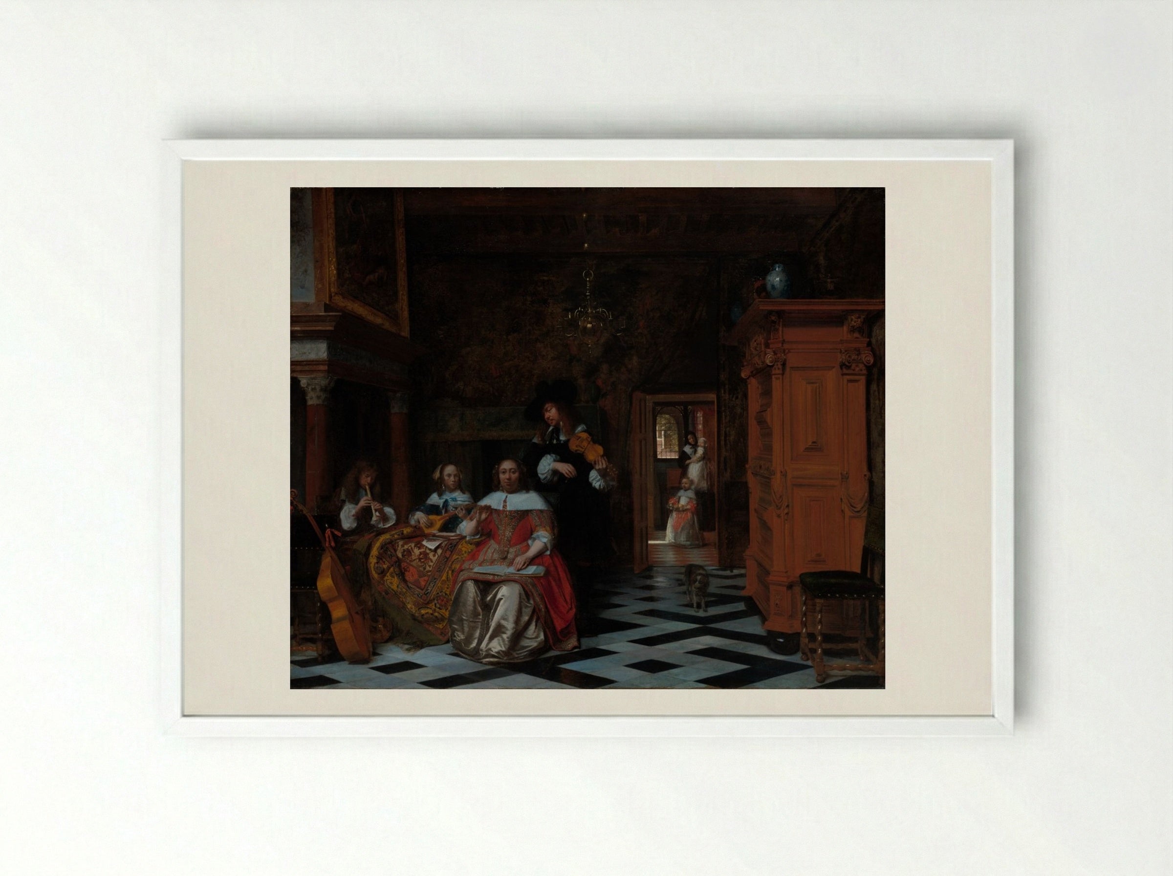 Portrait of a Family Playing Music - Pieter de Hooch - Framed Print White