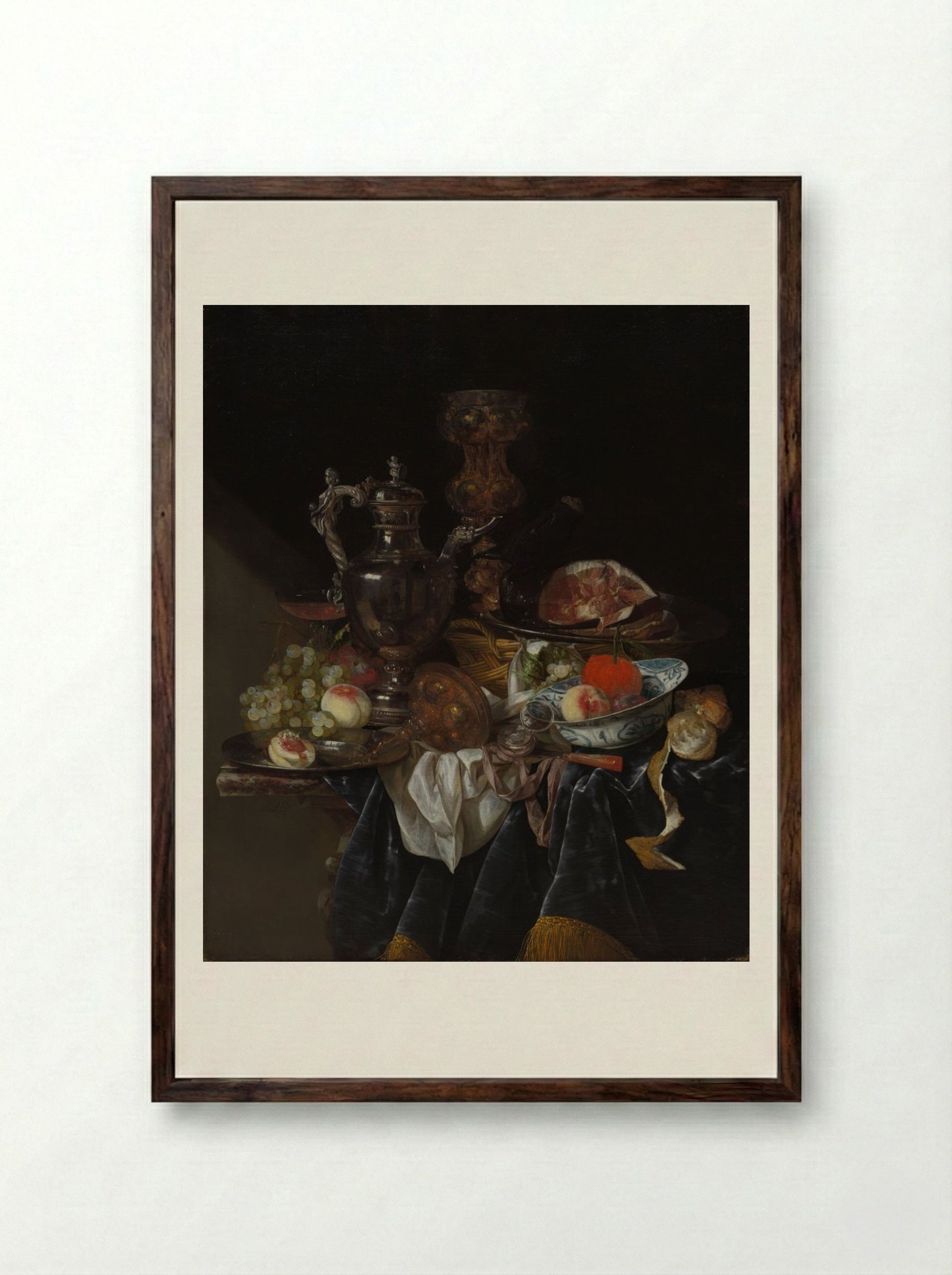 Silver Wine Jug, Ham, and Fruit - Abraham van Beyeren - Framed Print Dark Wood