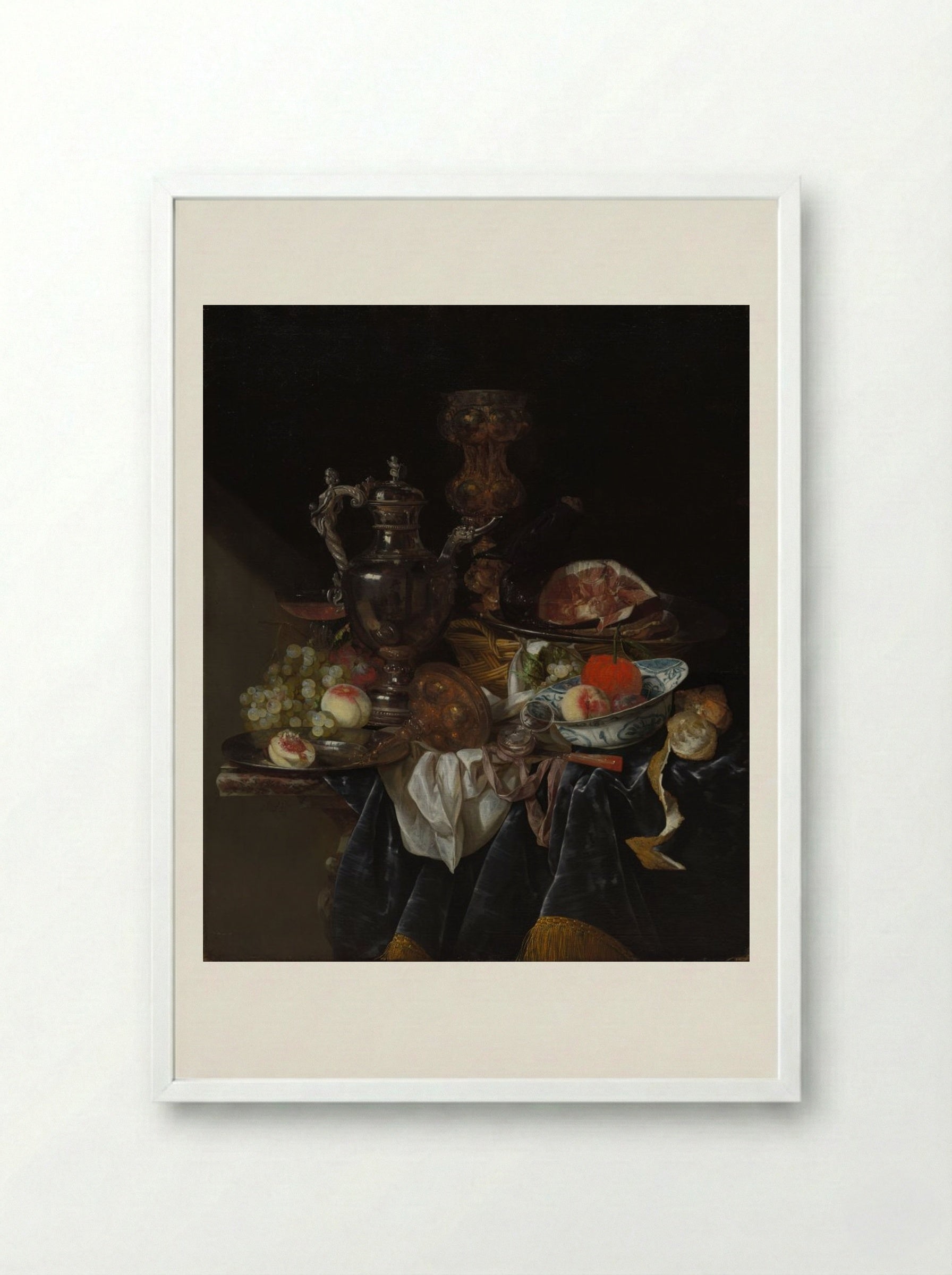 Silver Wine Jug, Ham, and Fruit - Abraham van Beyeren - Framed Print White