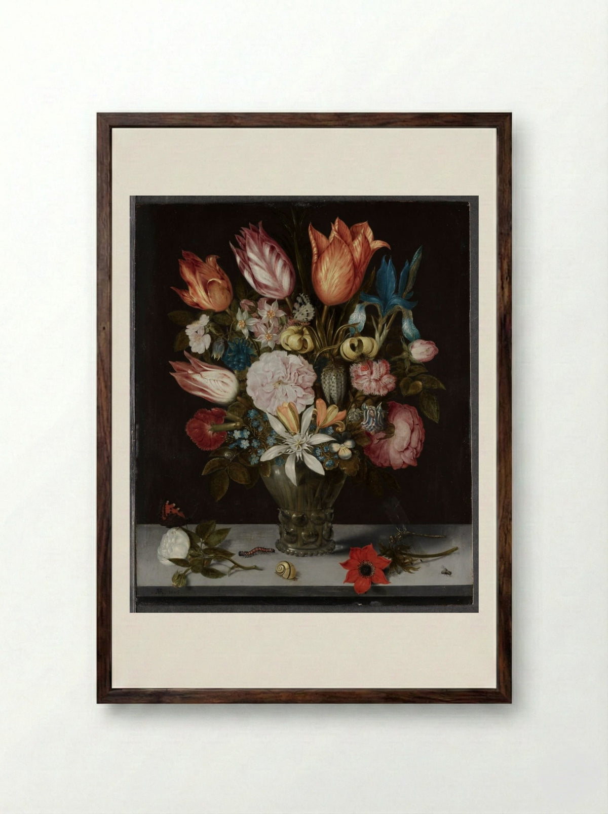 Flowers in a Glass - Ambrosius Bosschaert - Framed Print Dark Wood