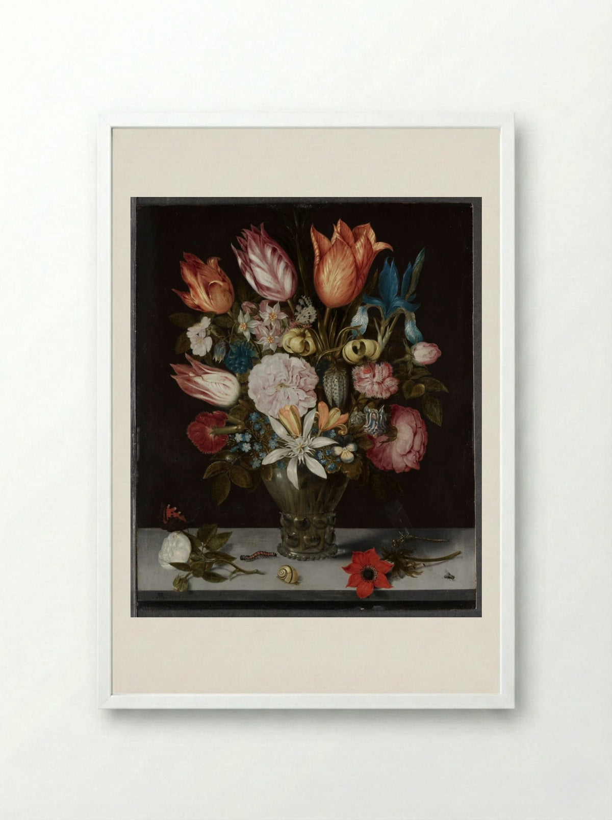 Flowers in a Glass - Ambrosius Bosschaert - Framed Print White