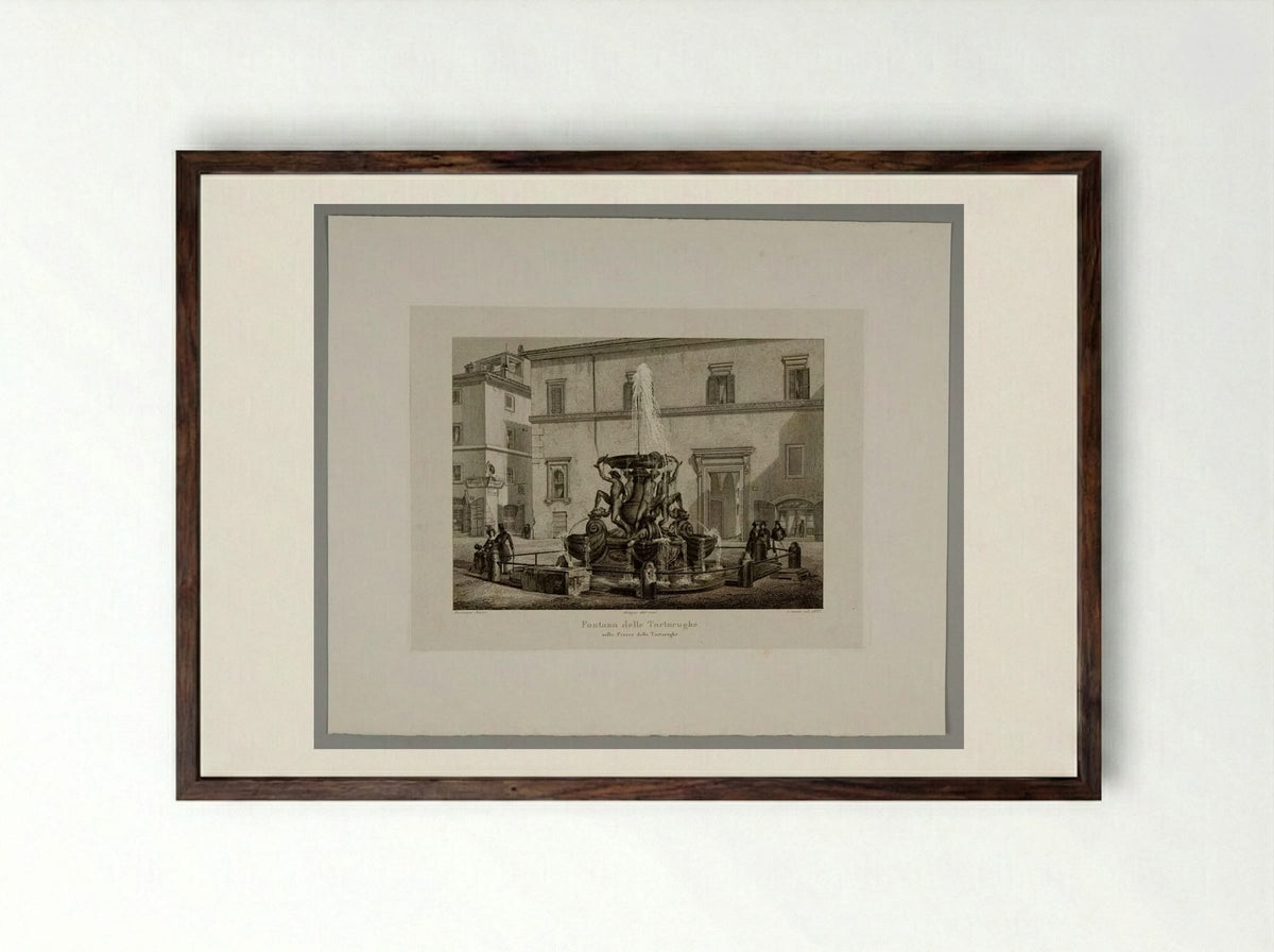 Fountain of the Tortoises in the Piazza of the Tortoises - Domenico Amici - Framed Print Dark Wood