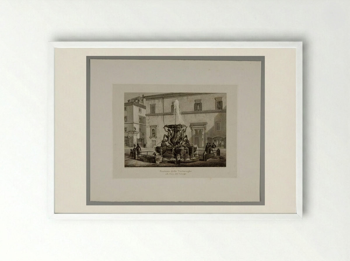 Fountain of the Tortoises in the Piazza of the Tortoises - Domenico Amici - Framed Print White
