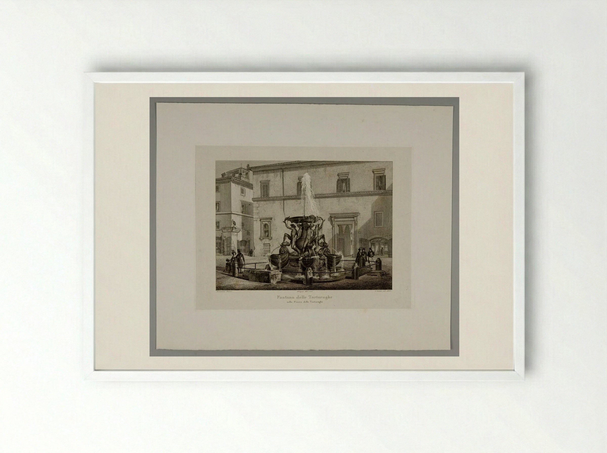 Fountain of the Tortoises in the Piazza of the Tortoises - Domenico Amici - Framed Print White
