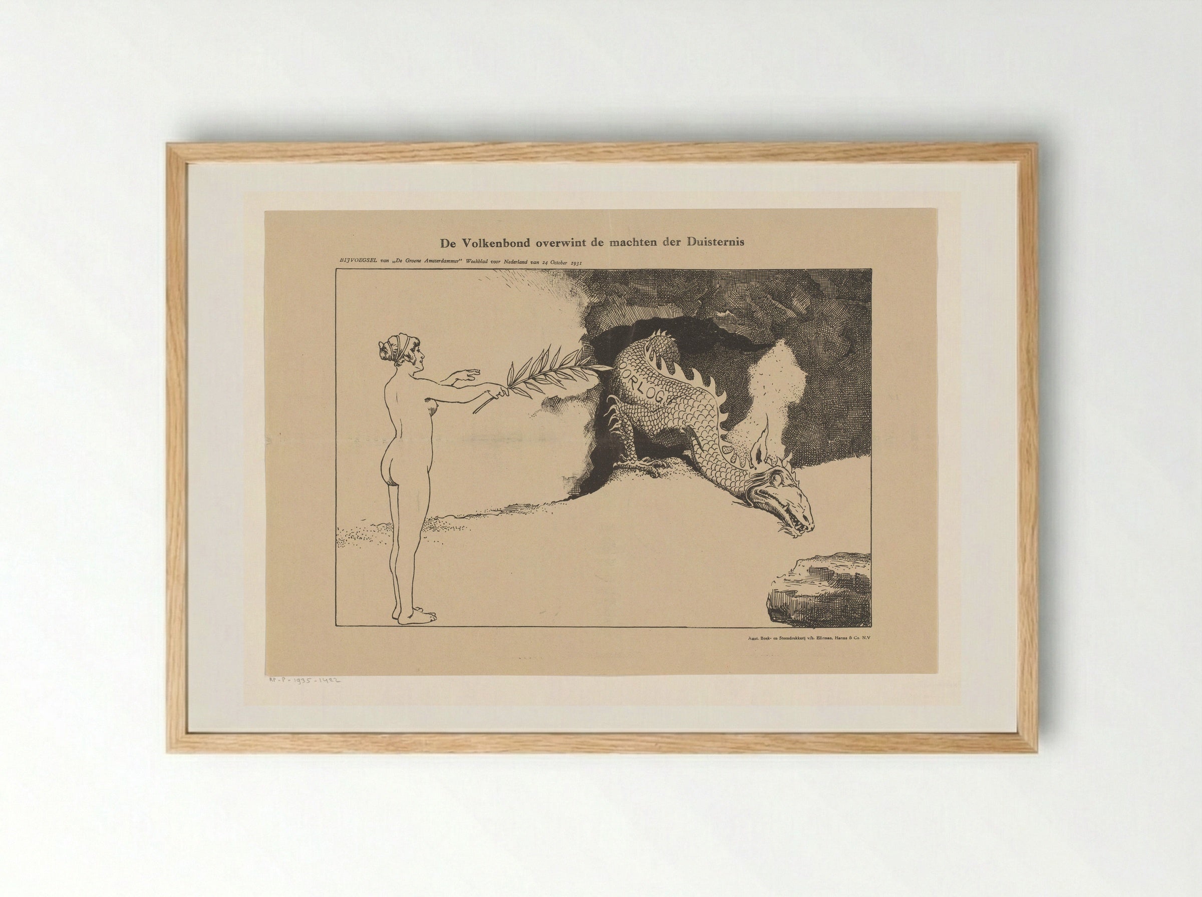 De Volkenbond overwint de machten der duisternis - Johan Braakensiek - Framed Print Wood